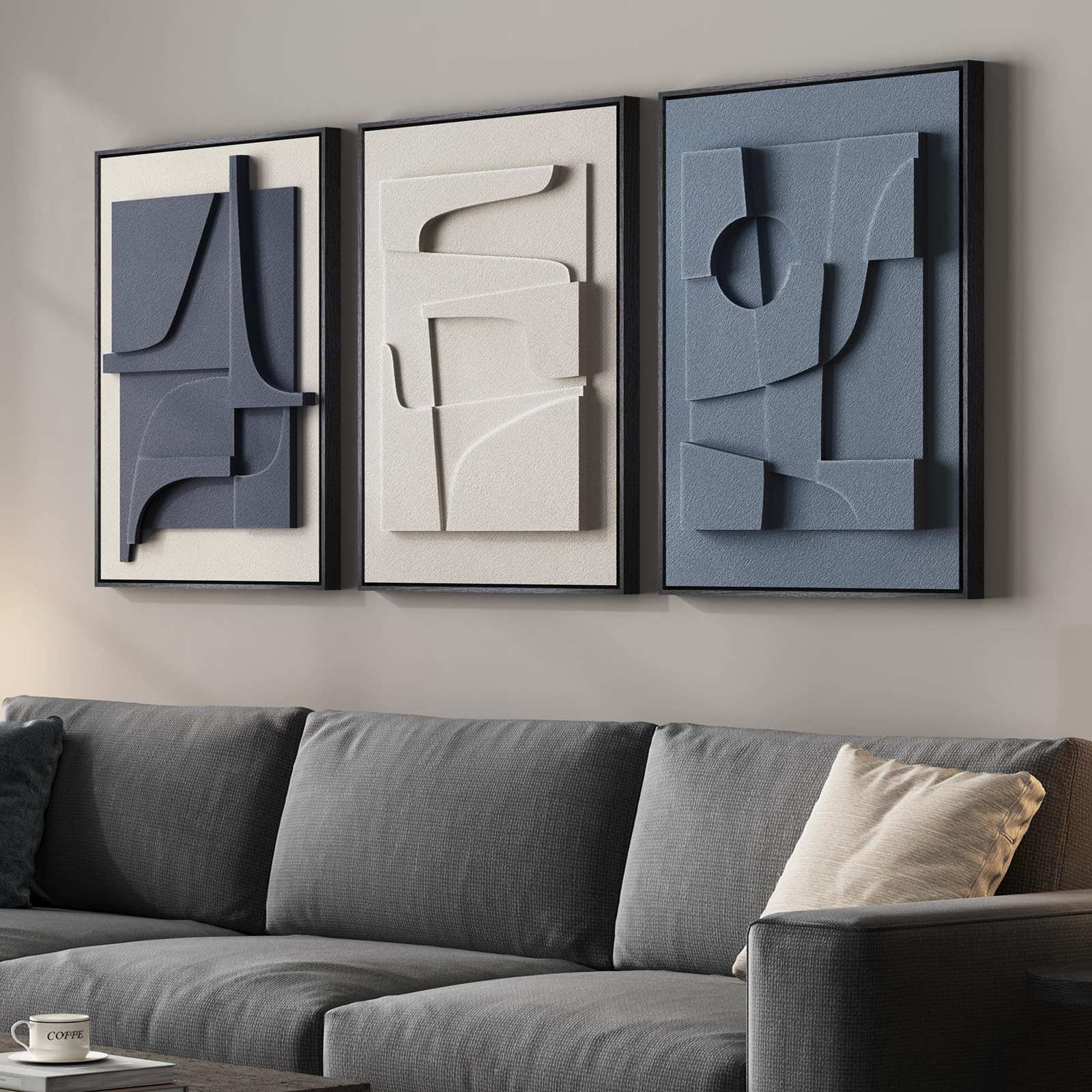 Framed Abstract 3D Textured Wall Art for Living Room, 3 Piece Modern Neutral Artwork for Walls, Brown White Geometric Sandstone Textured Painting for Bedroom, Home Office Decor-Total Size 30x60 Inch