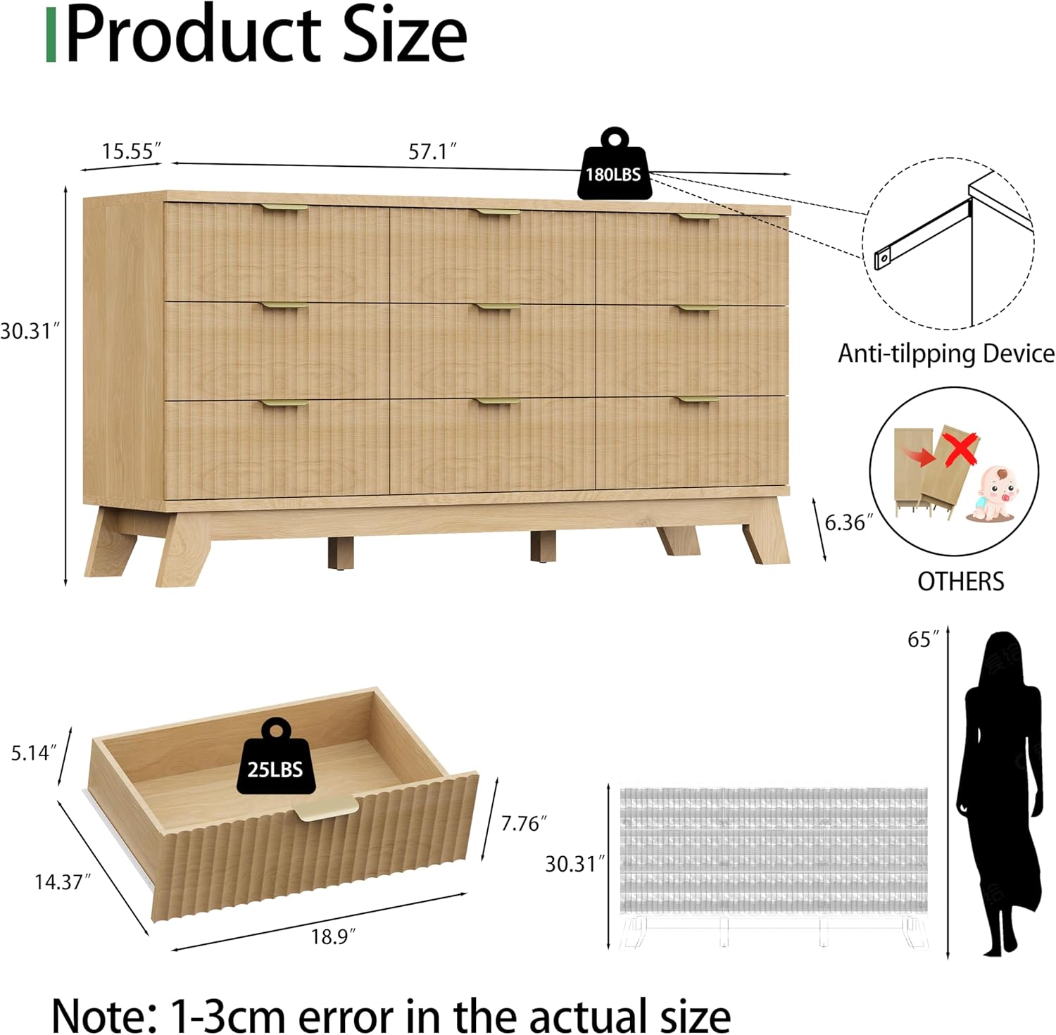 9-Drawer Fluted Dresser, 57" Wide Natural Oak Storage Chest with Metal Handles