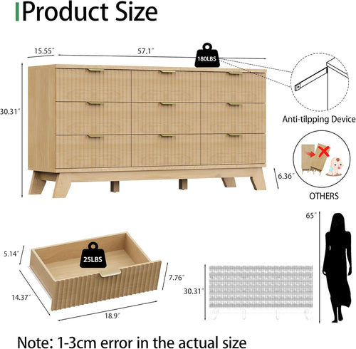 9-Drawer Fluted Dresser, 57" Wide Natural Oak Storage Chest with Metal Handles