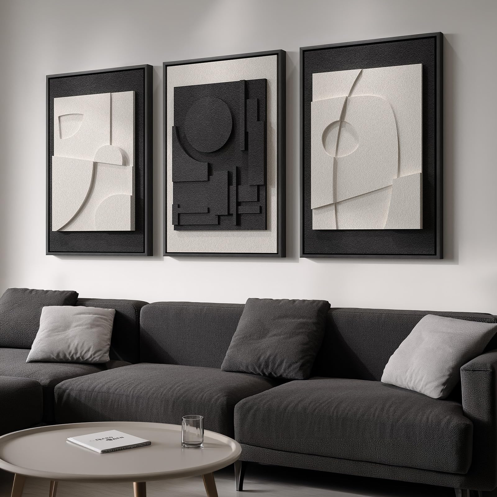 Framed Abstract 3D Textured Wall Art for Living Room, 3 Piece Modern Neutral Artwork for Walls, Brown White Geometric Sandstone Textured Painting for Bedroom, Home Office Decor-Total Size 30x60 Inch