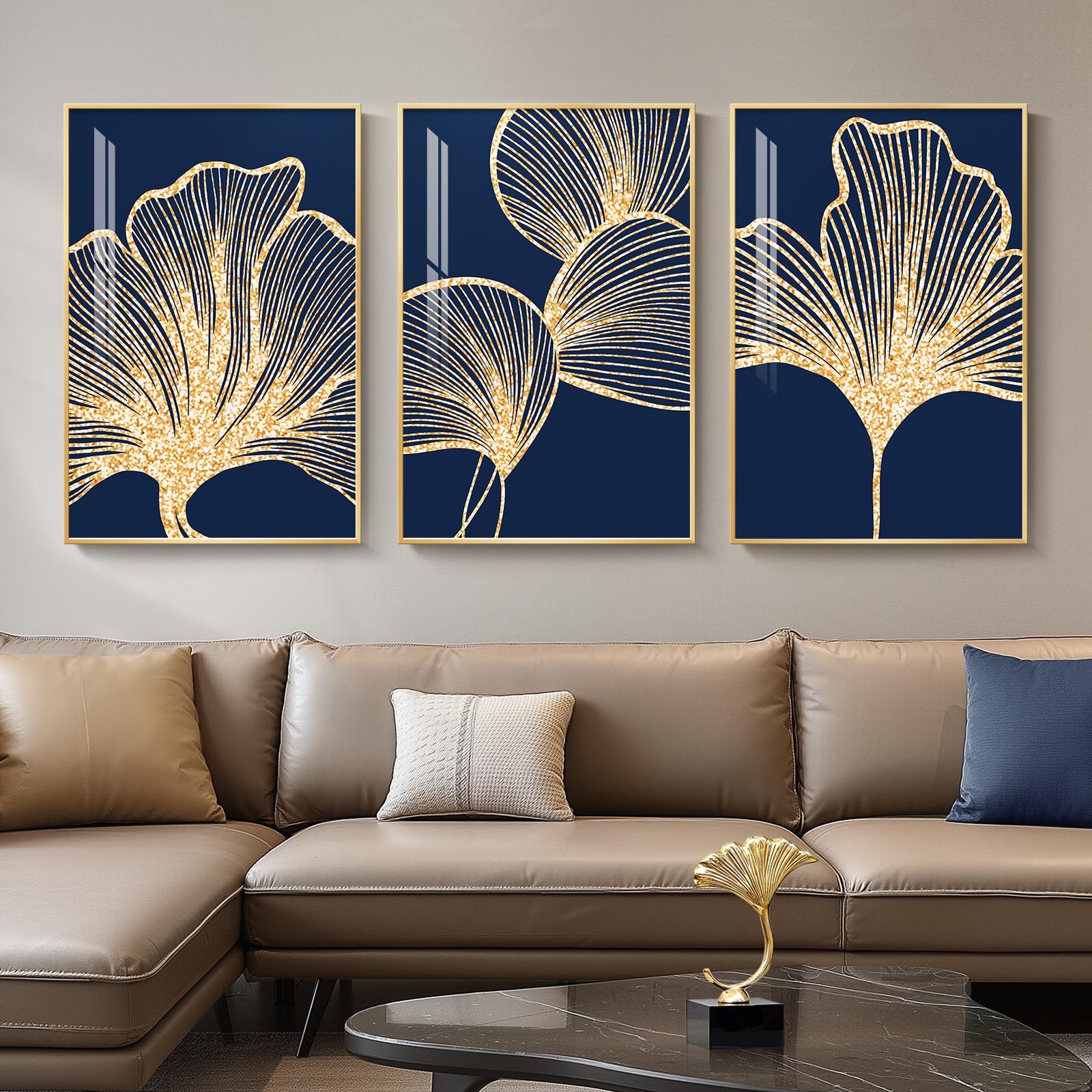 Large Framed Modern Luxury Gold Wall Art for Living Room, 3 Piece Bright Style Art Prints Paintings Artwork for Walls, Bronze Gold Geometric Pictures for Hallway Stair Office Wall Decor 24x36 In