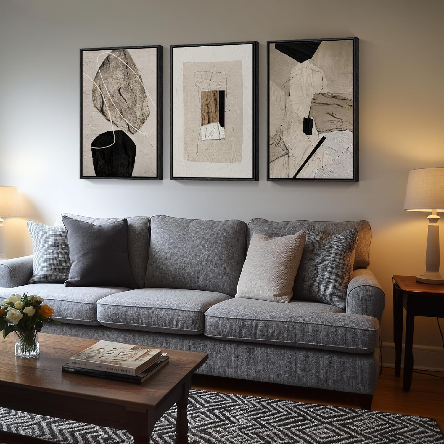 Large Framed Neutral Abstract Wall Art for Living Room, 3 Piece Modern Canvas Prints Paintings Artwork for Walls, Black and Beige Pictures for Living Room Hallway Stair Office Wall Decor 24x36 Inch