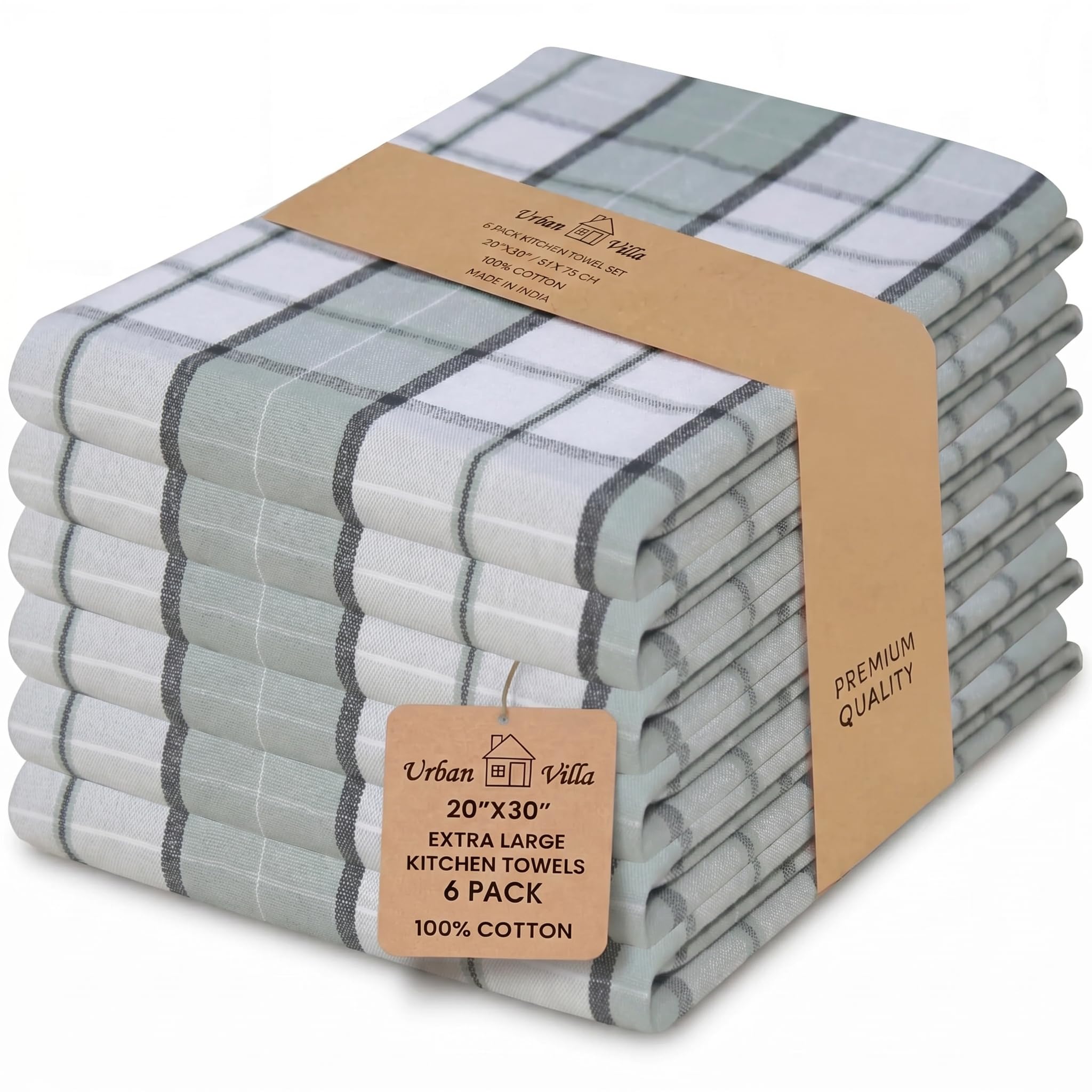 Urban Villa Kitchen Towels 100% Cotton Dish Towels for Kitchen (Set of 6) 20”x30” Dish Cloths Highly Absorbent Kitchen Linen Set with Hanging Loop Perfect for Drying Dishes Cleaning Towels-Blue White