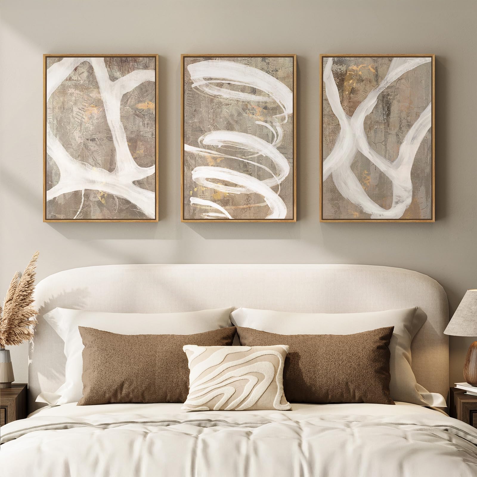 Large Framed Neutral Abstract Wall Art for Living Room, 3 Piece Modern Canvas Prints Paintings Artwork for Walls, Black and Beige Pictures for Living Room Hallway Stair Office Wall Decor 24x36 Inch