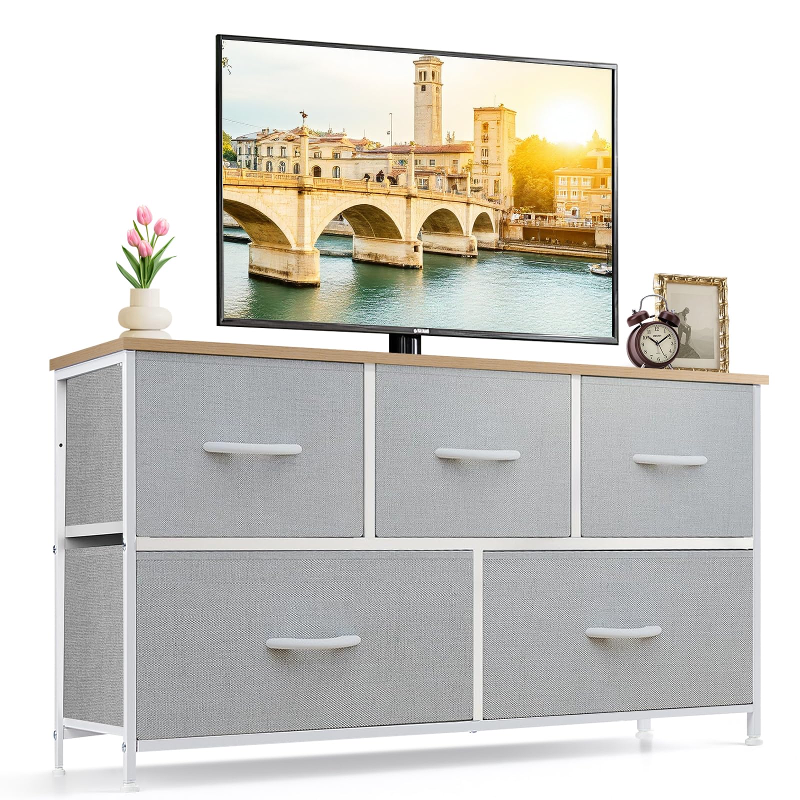 9-Drawer Dresser for Bedroom, Anti-Tip Tall Storage Organizer Chest of Drawers with Wooden Top and Metal Frame Fabric Bins for Closet, Living Room, Hallway, Entryway, White