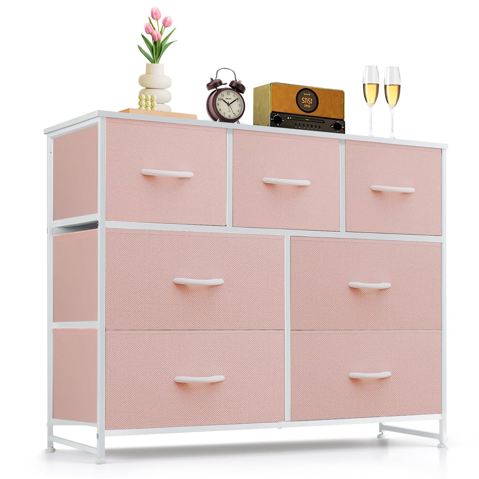 9-Drawer Dresser for Bedroom, Anti-Tip Tall Storage Organizer Chest of Drawers with Wooden Top and Metal Frame Fabric Bins for Closet, Living Room, Hallway, Entryway, White