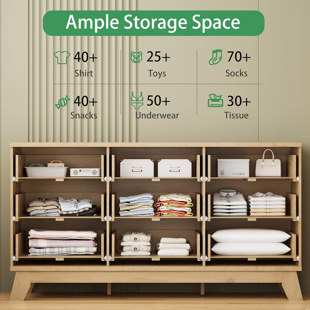 9-Drawer Fluted Dresser, 57" Wide Natural Oak Storage Chest with Metal Handles