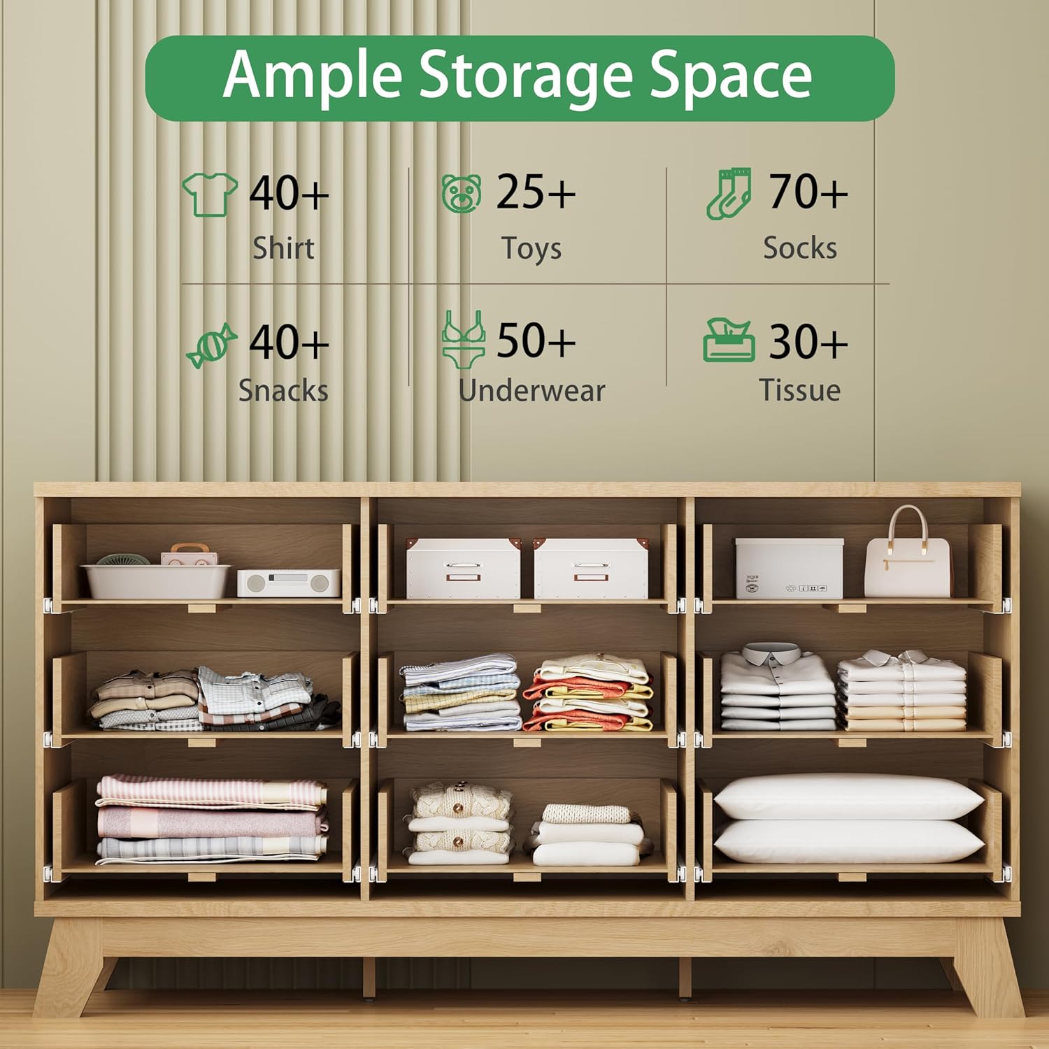 9-Drawer Fluted Dresser, 57" Wide Natural Oak Storage Chest with Metal Handles