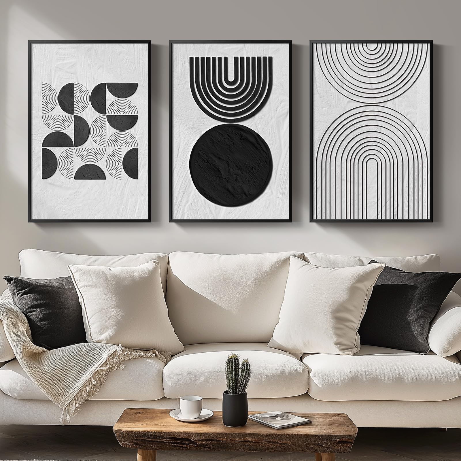 Large Framed Black and White Abstract Wall Art for Living Room, 3 Piece Big Modern Canvas Prints Paintings Artwork for Walls, Minimalist Abstract Art Pictures for Hallway, Office Wall Decor 24x36 In