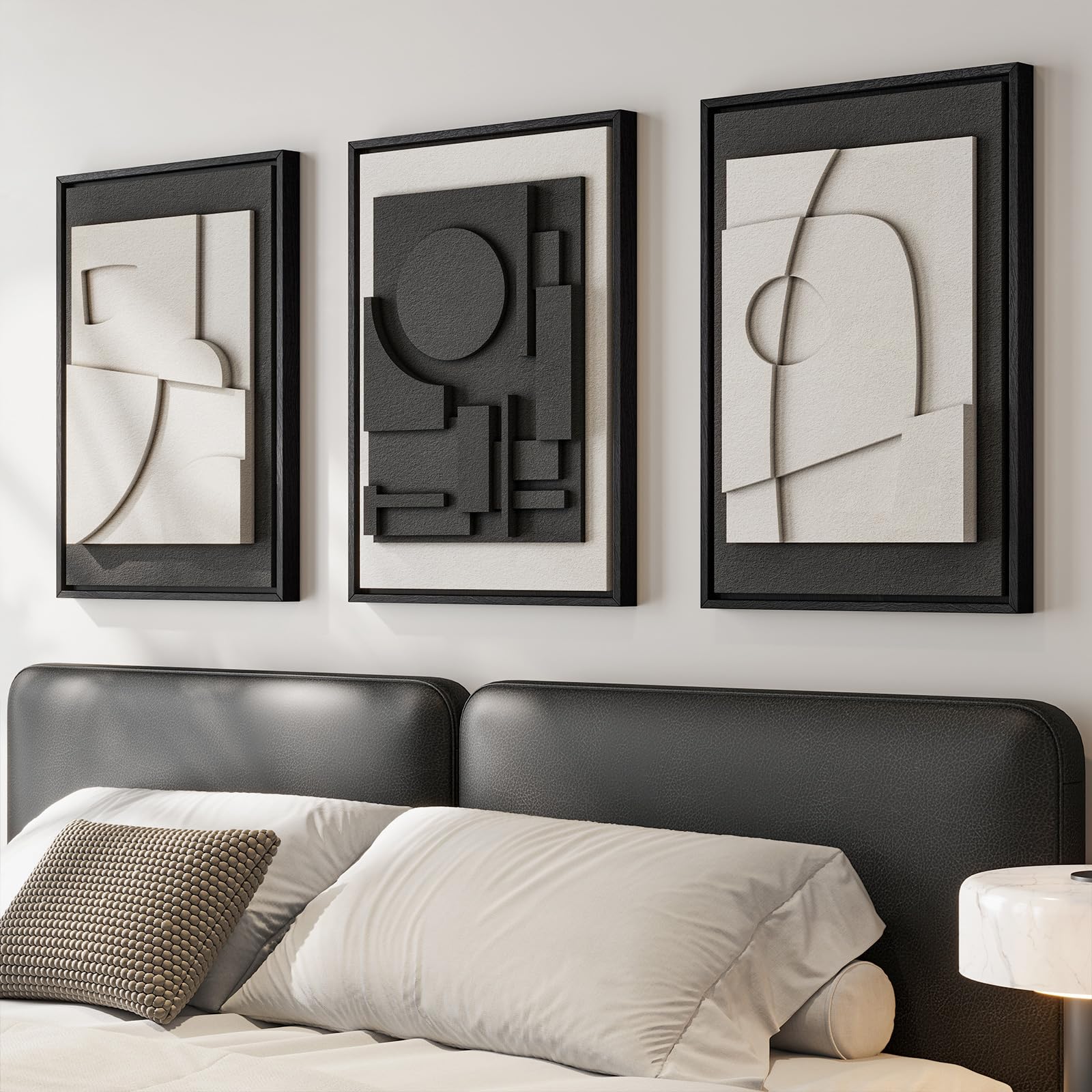 Framed Abstract 3D Textured Wall Art for Living Room, 3 Piece Modern Neutral Artwork for Walls, Brown White Geometric Sandstone Textured Painting for Bedroom, Home Office Decor-Total Size 30x60 Inch