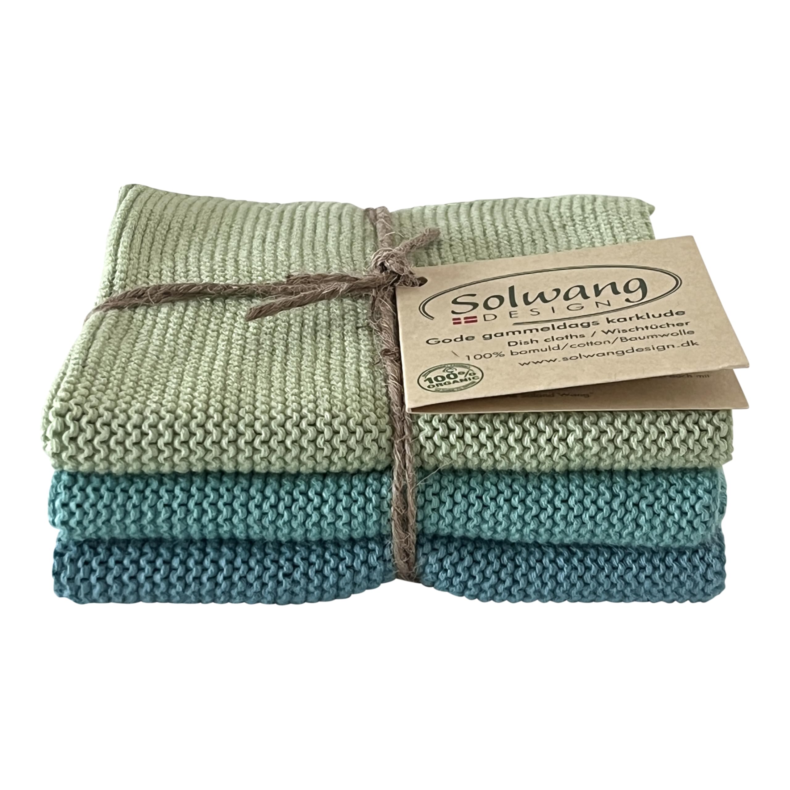 Solwang 3-Piece Danish Cotton Dishcloths in 100% Certified Organic Cotton Made in India (Rustic Blue Organic Combi)