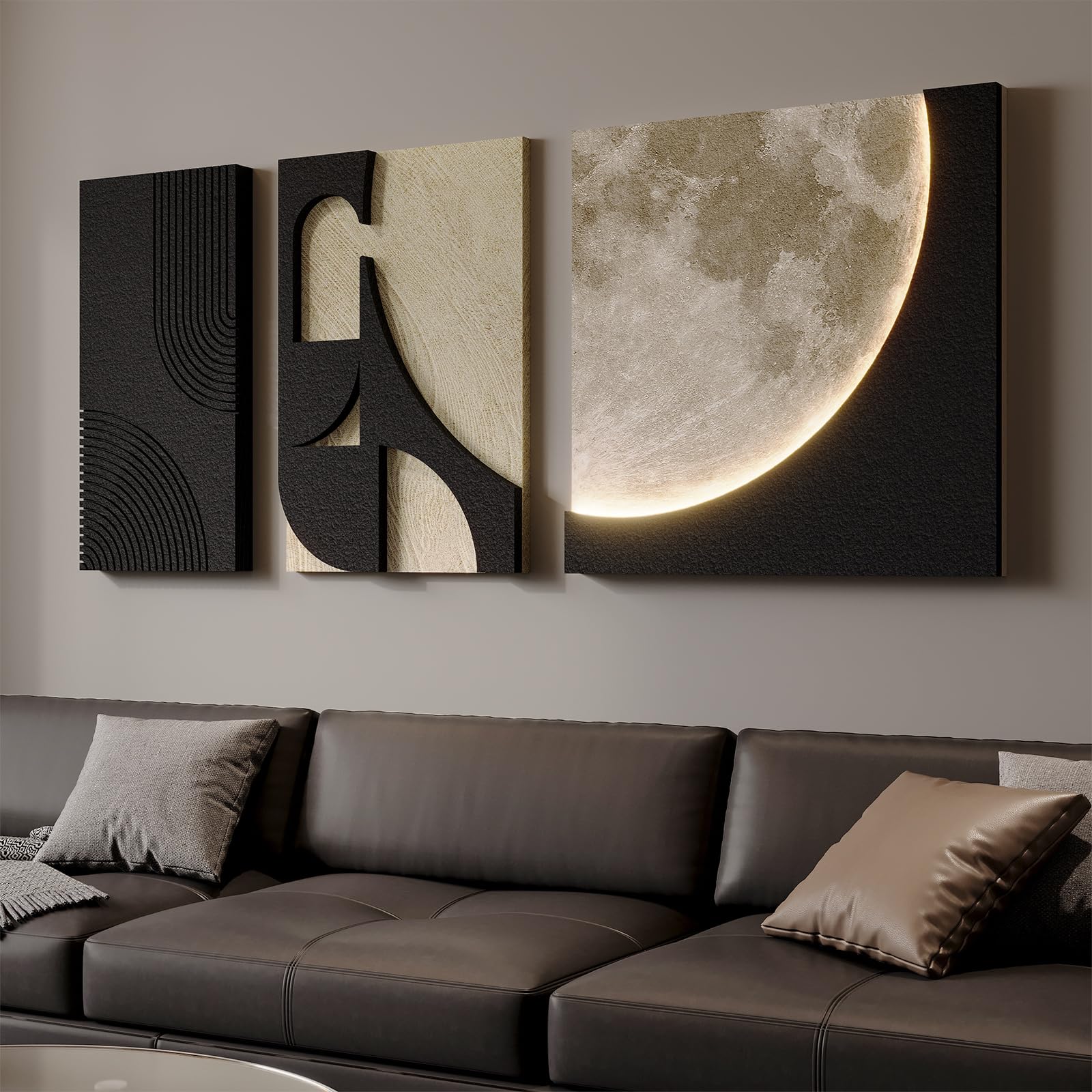 Framed Abstract 3D Textured Wall Art for Living Room, 3 Piece Modern Neutral Artwork for Walls, Brown White Geometric Sandstone Textured Painting for Bedroom, Home Office Decor-Total Size 30x60 Inch