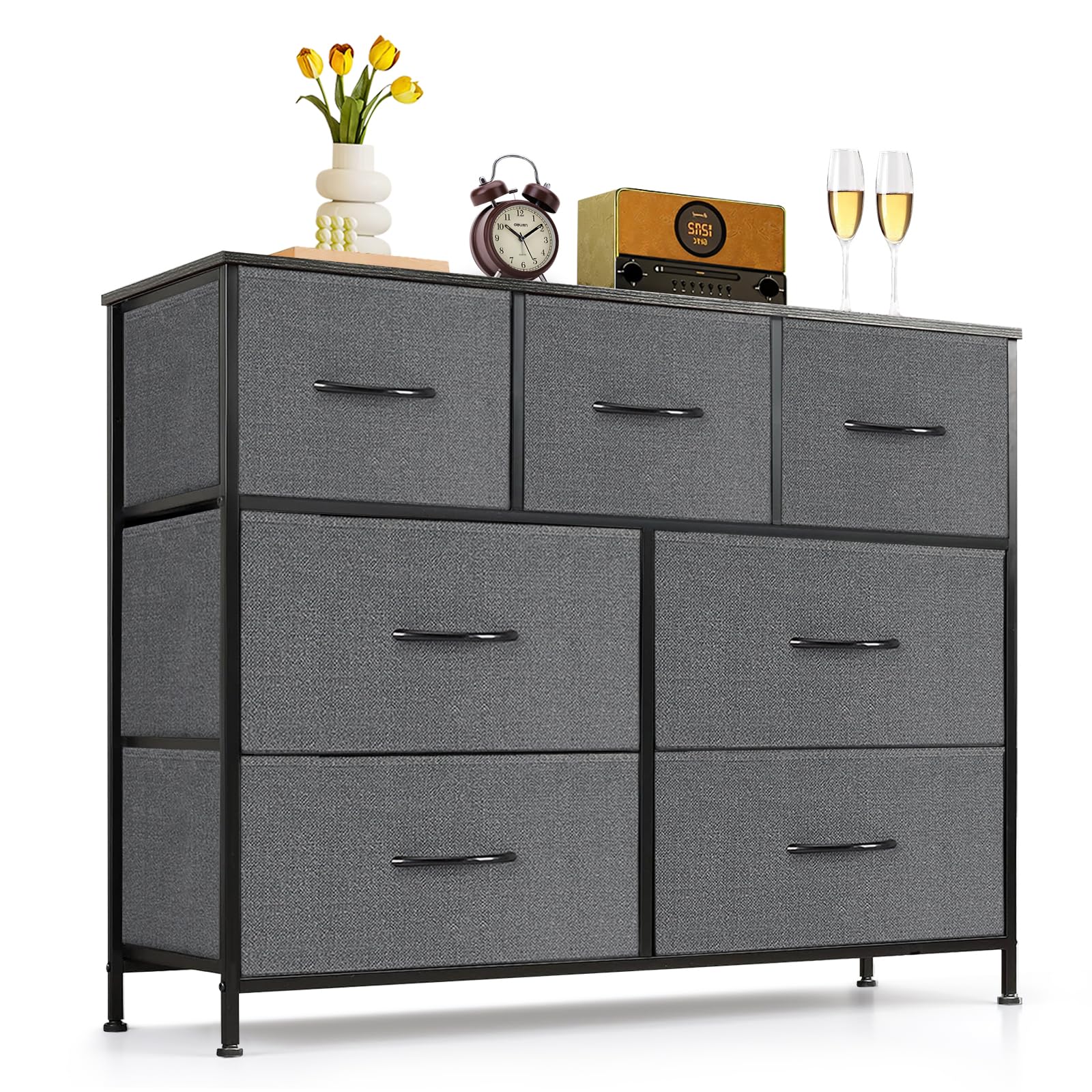 9-Drawer Dresser for Bedroom, Anti-Tip Tall Storage Organizer Chest of Drawers with Wooden Top and Metal Frame Fabric Bins for Closet, Living Room, Hallway, Entryway, White