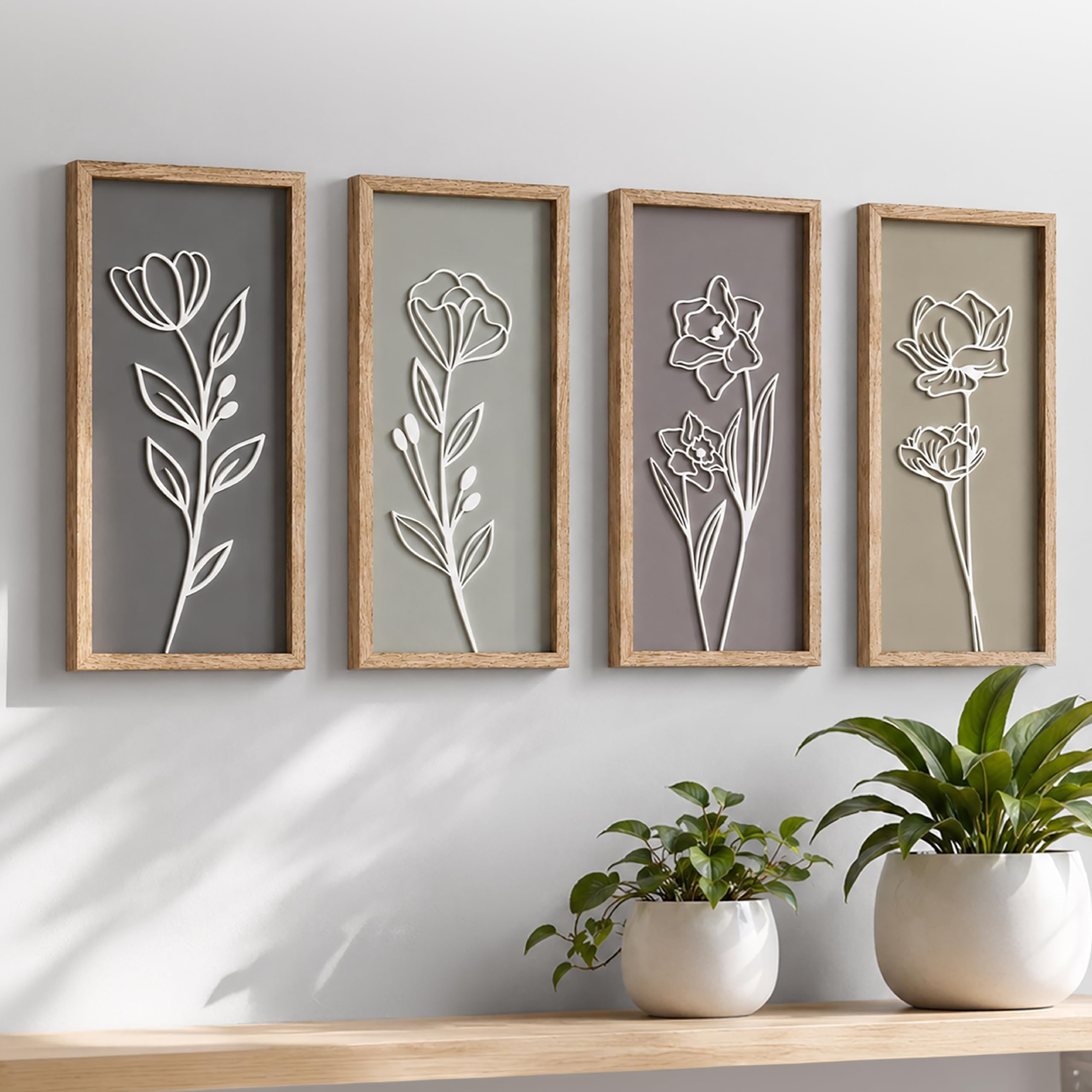 Set of 4 3D Wooden Floral Framed Wall Decor
