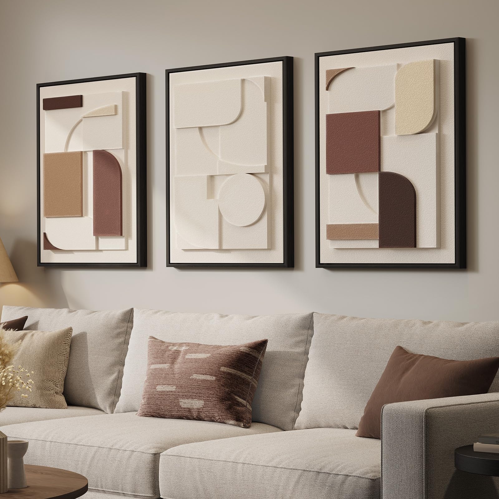 Framed Abstract 3D Textured Wall Art for Living Room, 3 Piece Modern Neutral Artwork for Walls, Brown White Geometric Sandstone Textured Painting for Bedroom, Home Office Decor-Total Size 30x60 Inch