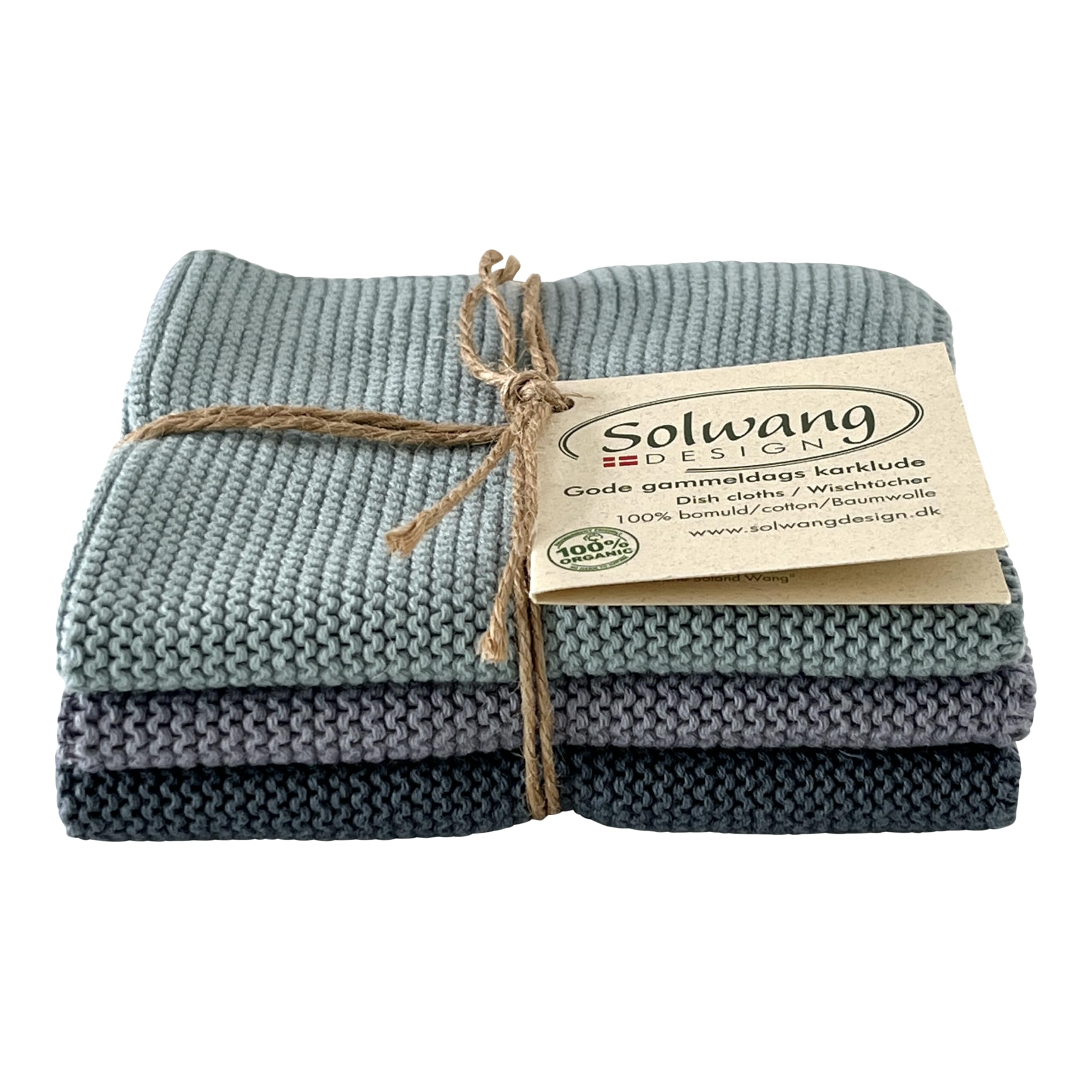 Solwang 3-Piece Danish Cotton Dishcloths in 100% Certified Organic Cotton Made in India (Rustic Blue Organic Combi)