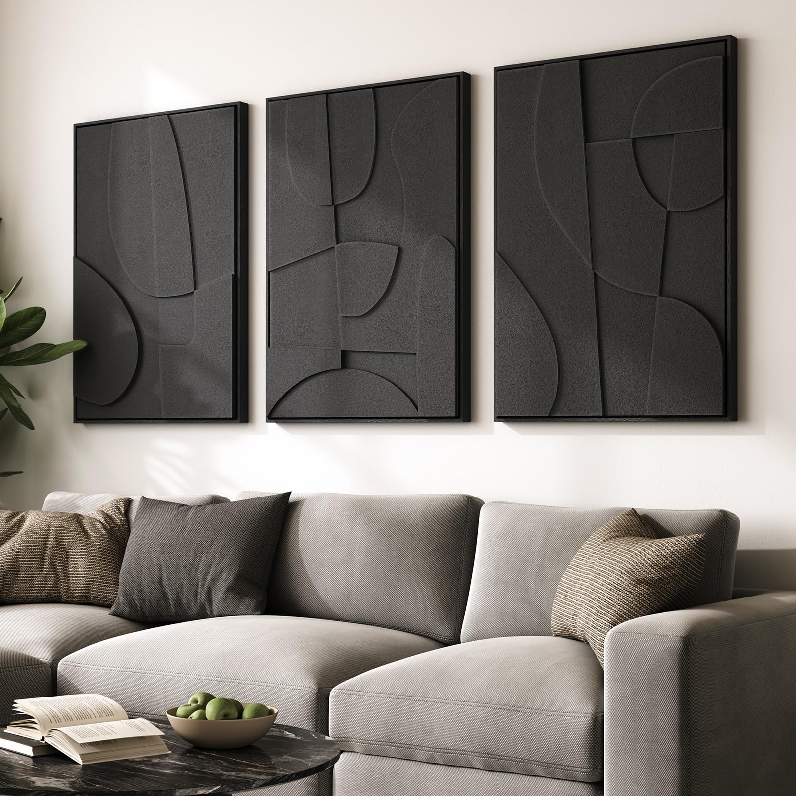 Framed Abstract 3D Textured Wall Art for Living Room, 3 Piece Modern Neutral Artwork for Walls, Brown White Geometric Sandstone Textured Painting for Bedroom, Home Office Decor-Total Size 30x60 Inch
