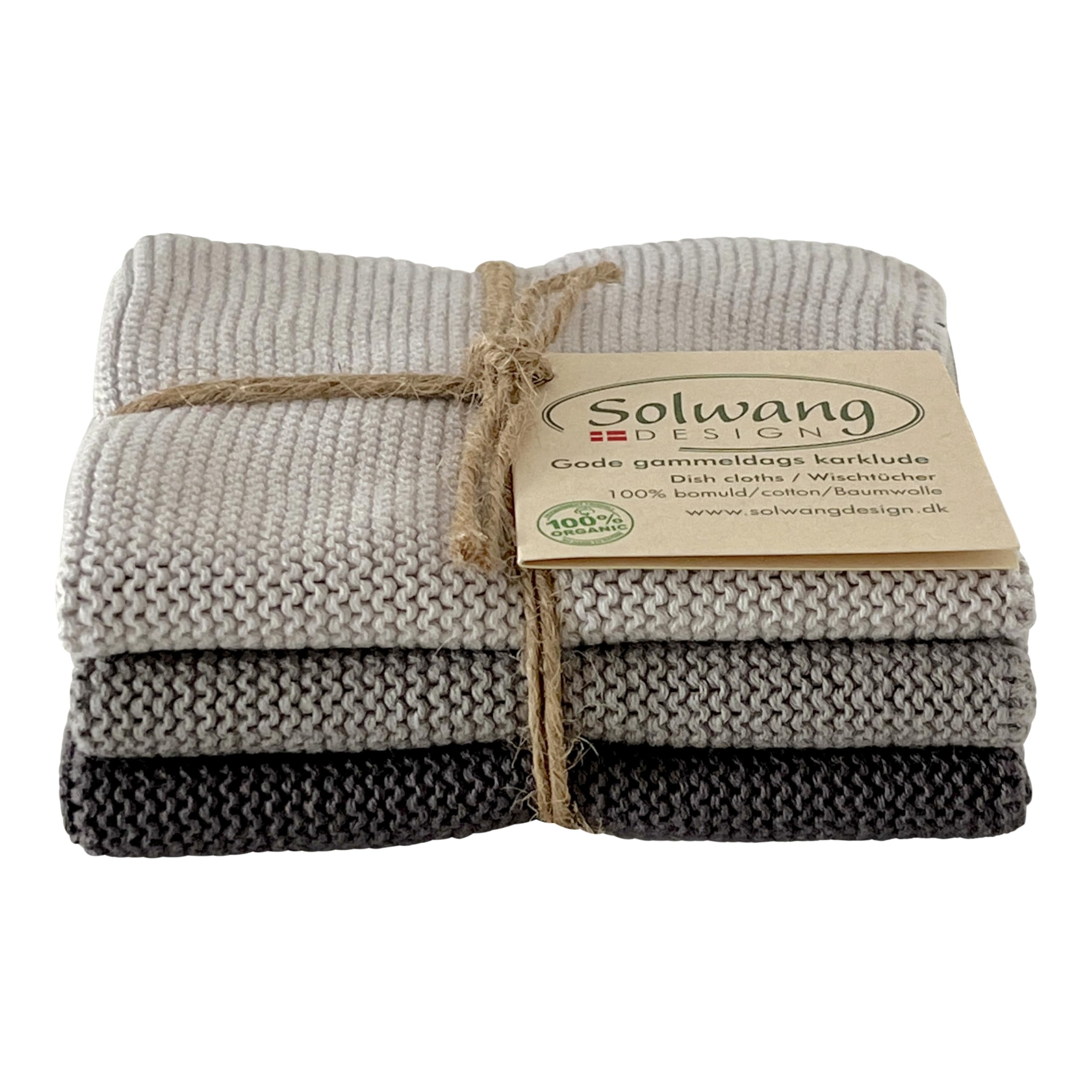 Solwang 3-Piece Danish Cotton Dishcloths in 100% Certified Organic Cotton Made in India (Rustic Blue Organic Combi)