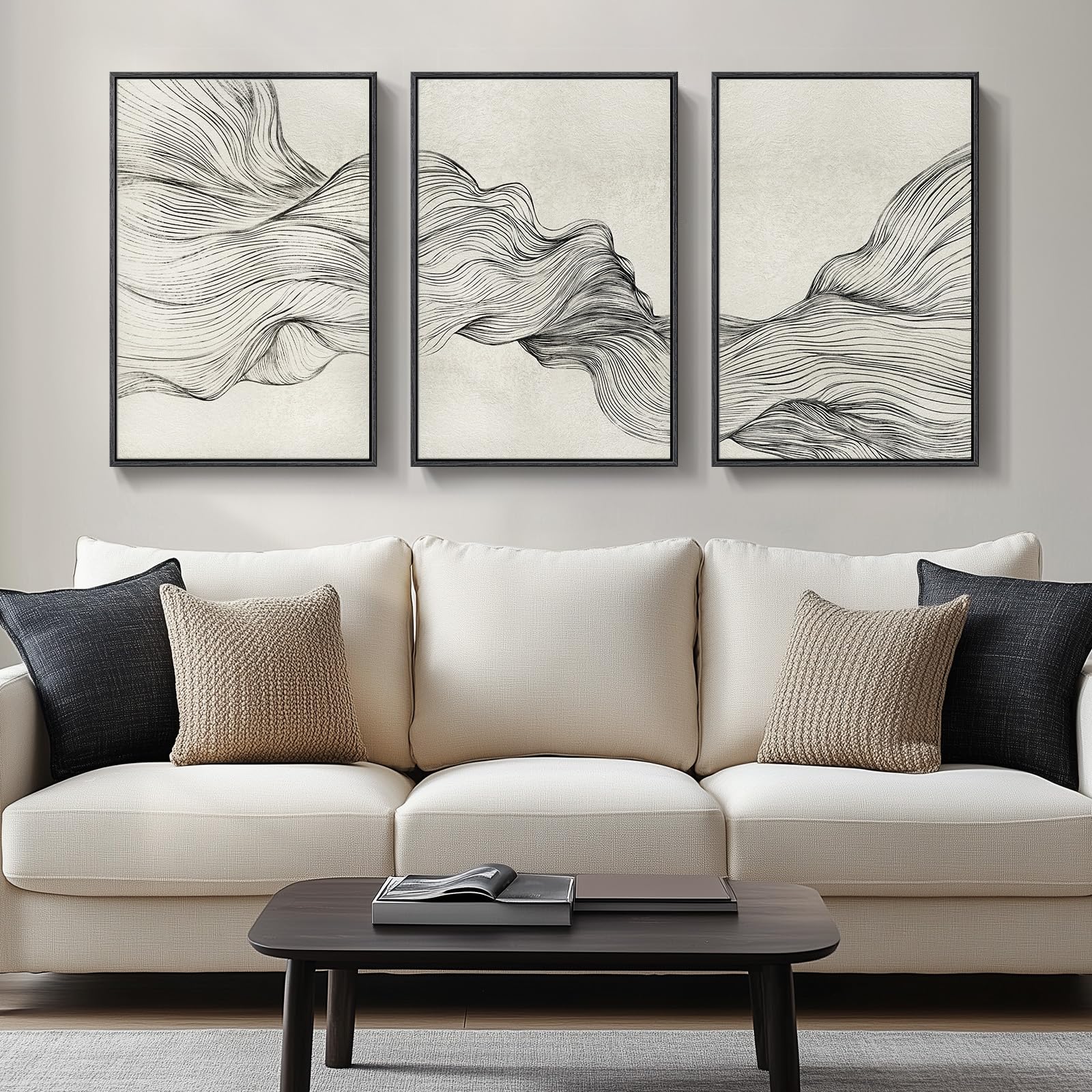 Framed Black and White Abstract Wall Art, 3 Piece Modern Canvas Prints Paintings Art for Walls, Minimalist Black White Abstract Pictures for Living Room Bedroom Dining Room Office Wall Decor 16x24 In