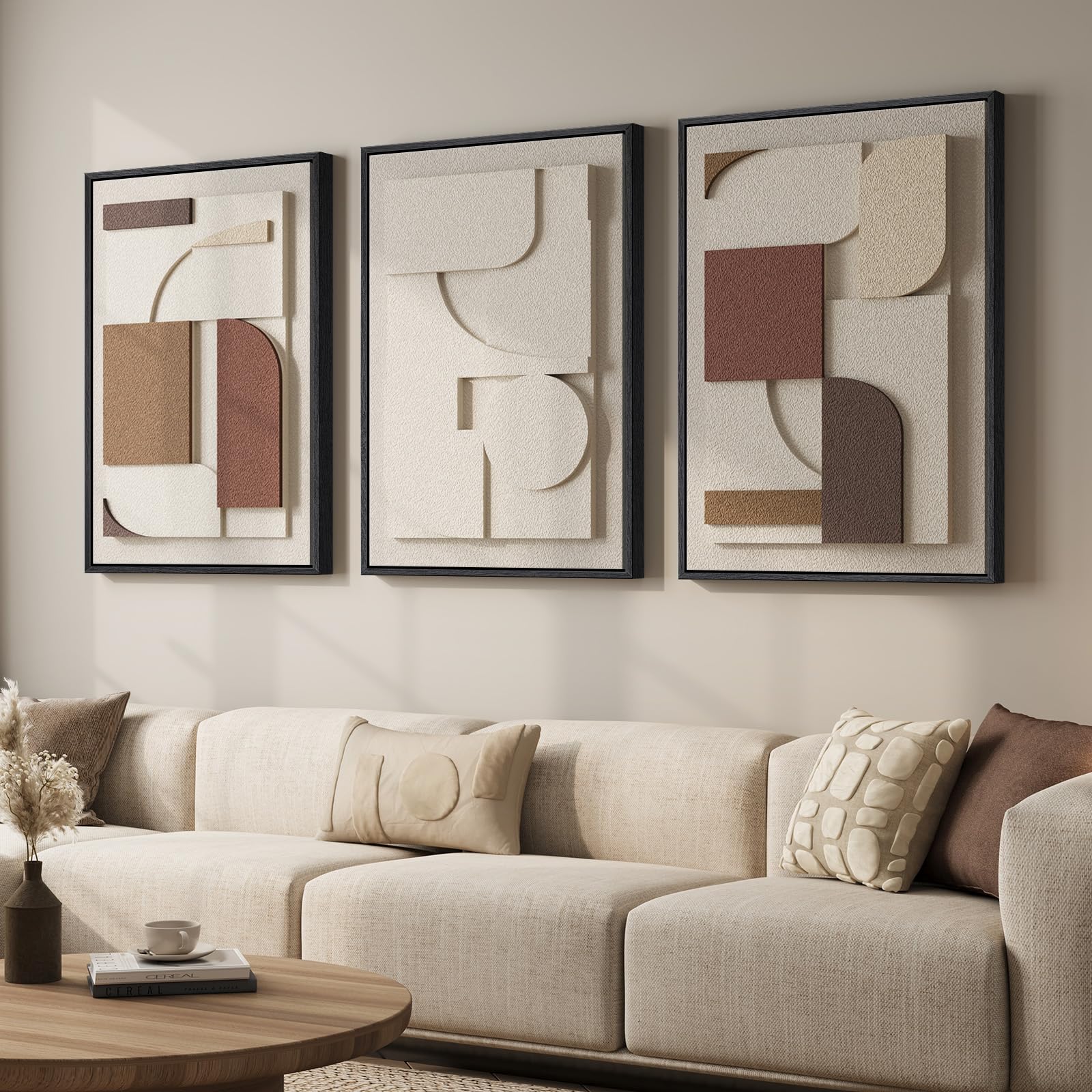 Large 3D Textured Framed Neutral Abstract Wall Art for Living Room, 3 Piece Modern Artwork for Walls, Minimalist White and Brown Geometric Wall Paintings for Hallway, Stair, Office Wall Decor 24x36 In