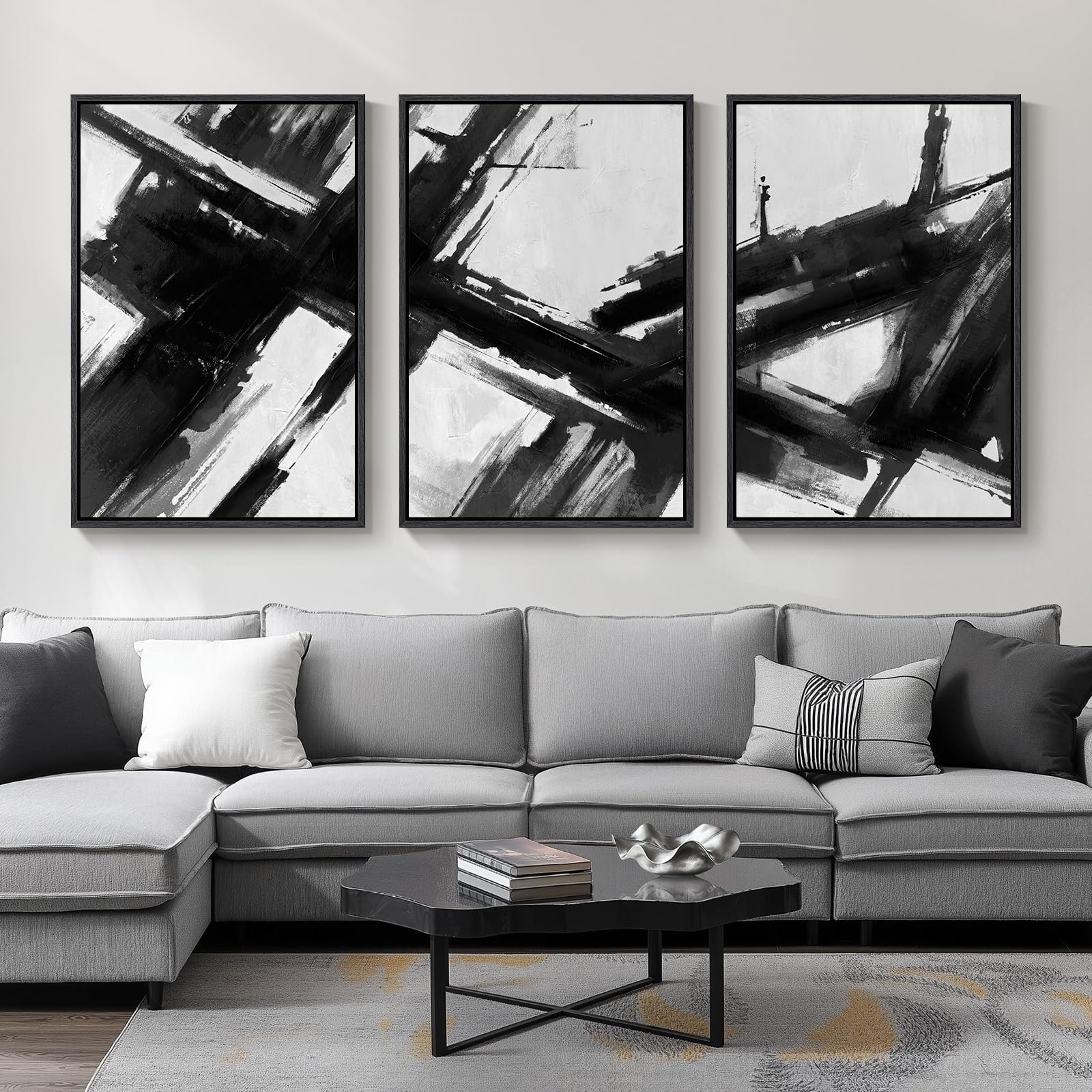 Framed Black and White Abstract Wall Art, 3 Piece Modern Canvas Prints Paintings Art for Walls, Minimalist Black White Abstract Pictures for Living Room Bedroom Dining Room Office Wall Decor 16x24 In
