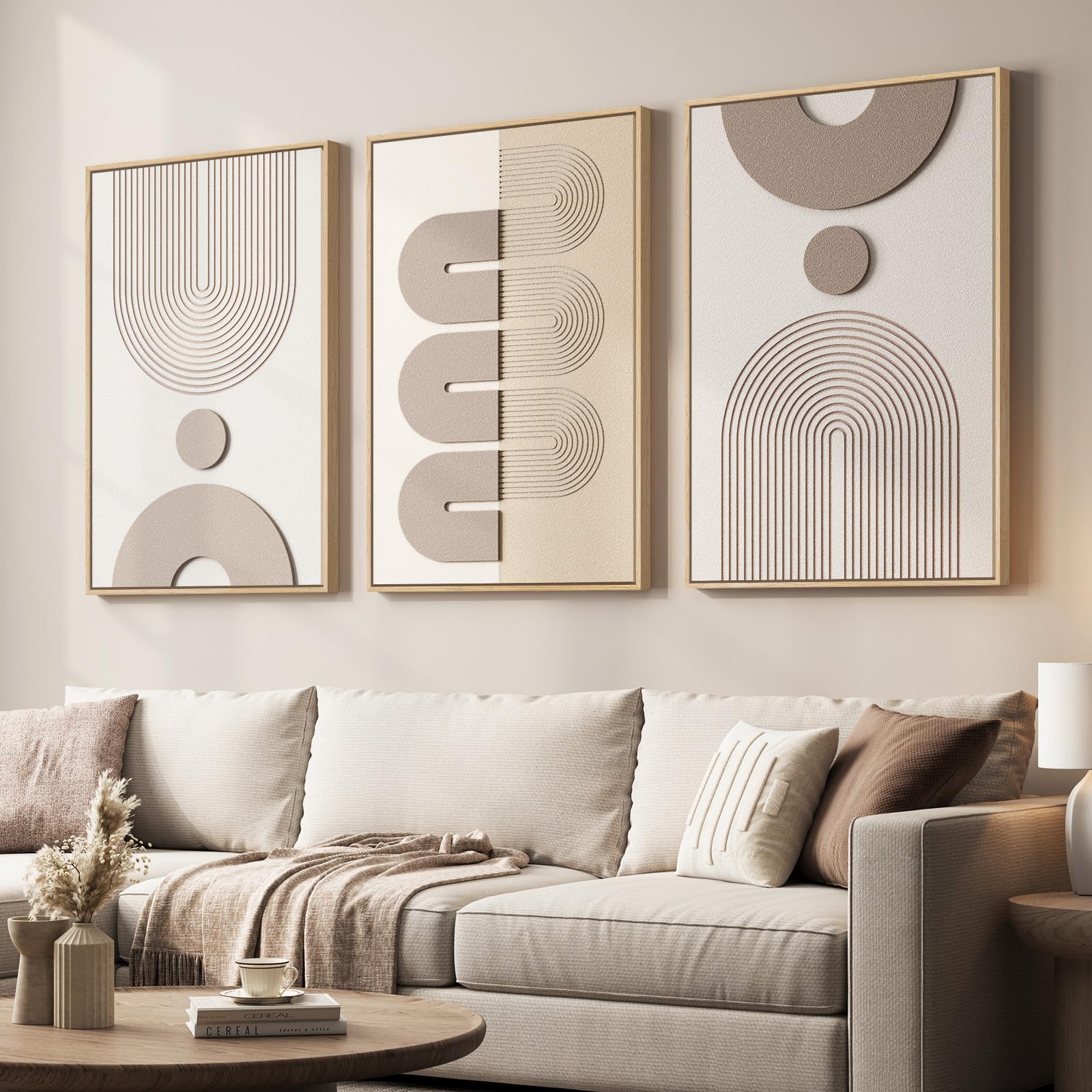 Framed Abstract 3D Textured Wall Art for Living Room, 3 Piece Modern Neutral Artwork for Walls, Brown White Geometric Sandstone Textured Painting for Bedroom, Home Office Decor-Total Size 30x60 Inch