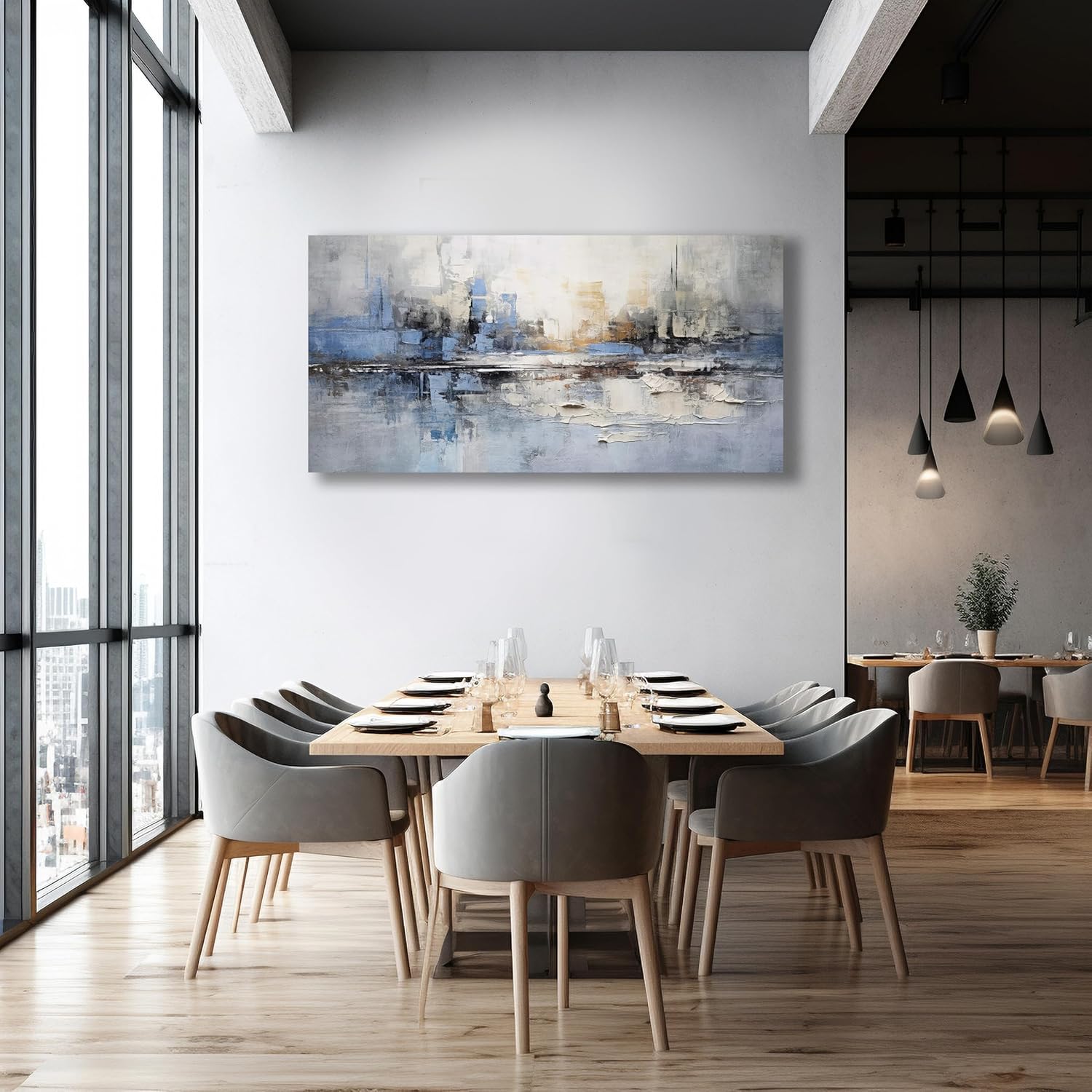VHMING Abstract Wall Art Wall Decor Blue and Gray White Modern Canvas Wall Paintings Abstract Artwork for Living Room Bedroom Bathroom Office Home Decor Can Be Hung Directly 29"x 58"