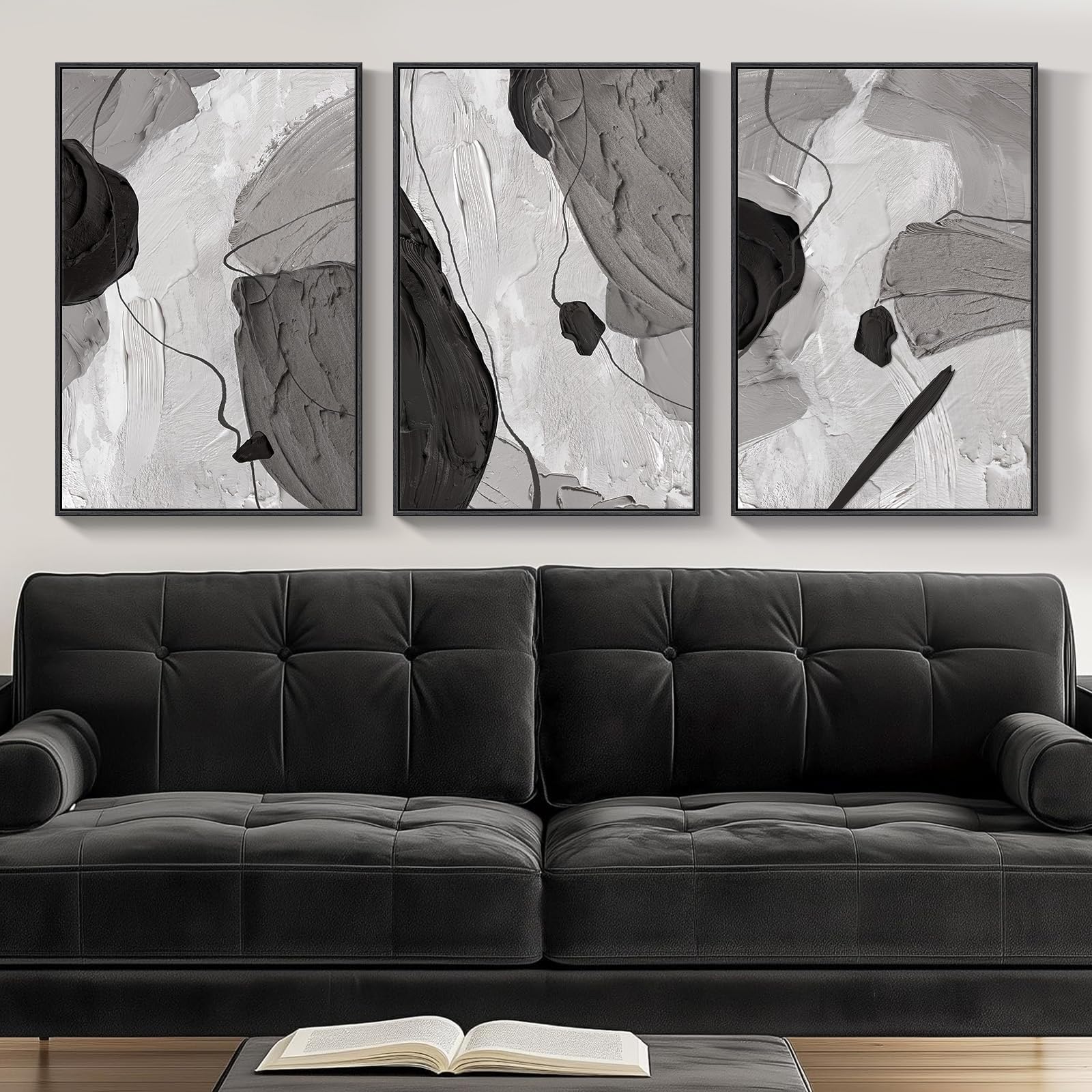 Framed Black and White Abstract Wall Art, 3 Piece Modern Canvas Prints Paintings Art for Walls, Minimalist Black White Abstract Pictures for Living Room Bedroom Dining Room Office Wall Decor 16x24 In