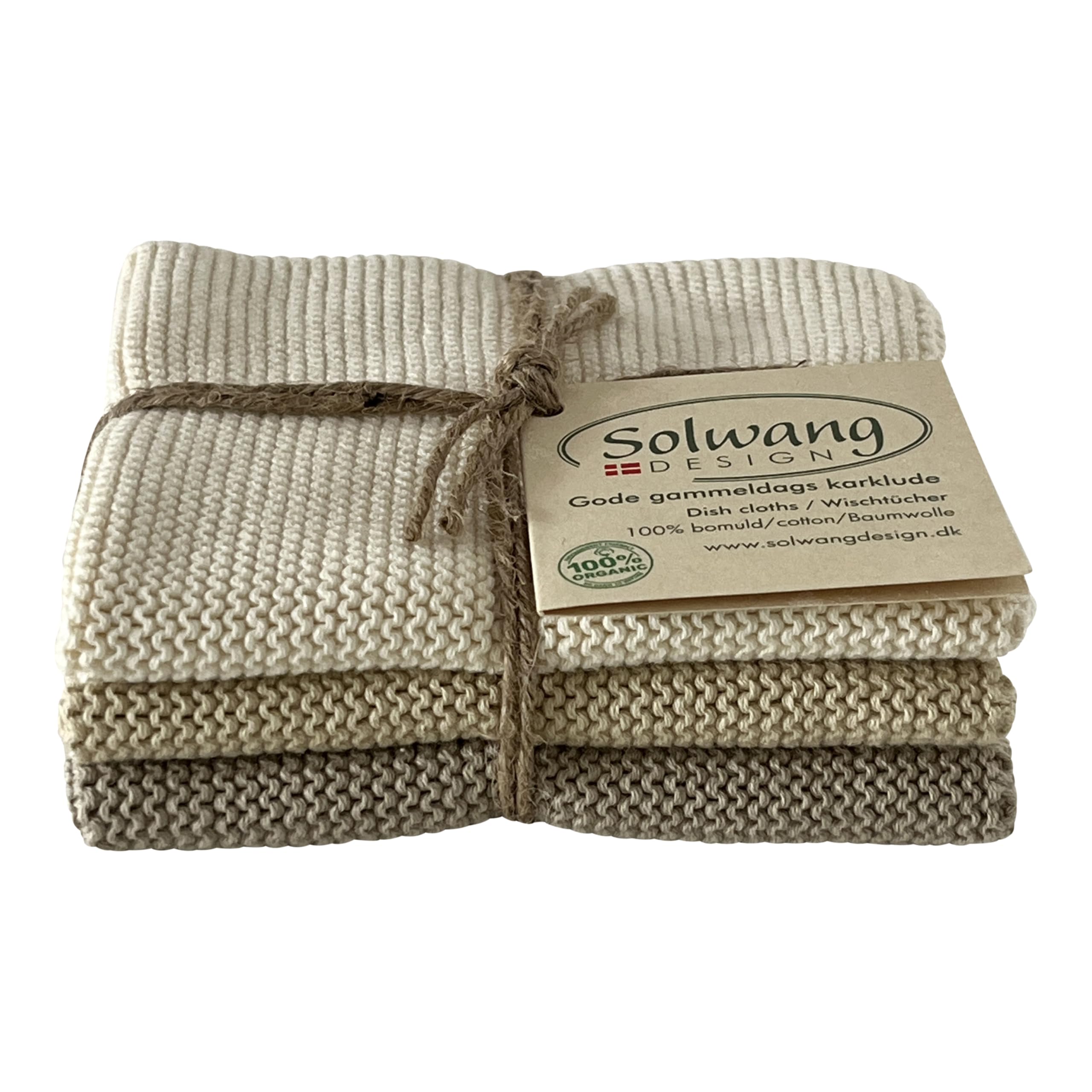 Solwang 3-Piece Danish Cotton Dishcloths in 100% Certified Organic Cotton Made in India (Rustic Blue Organic Combi)