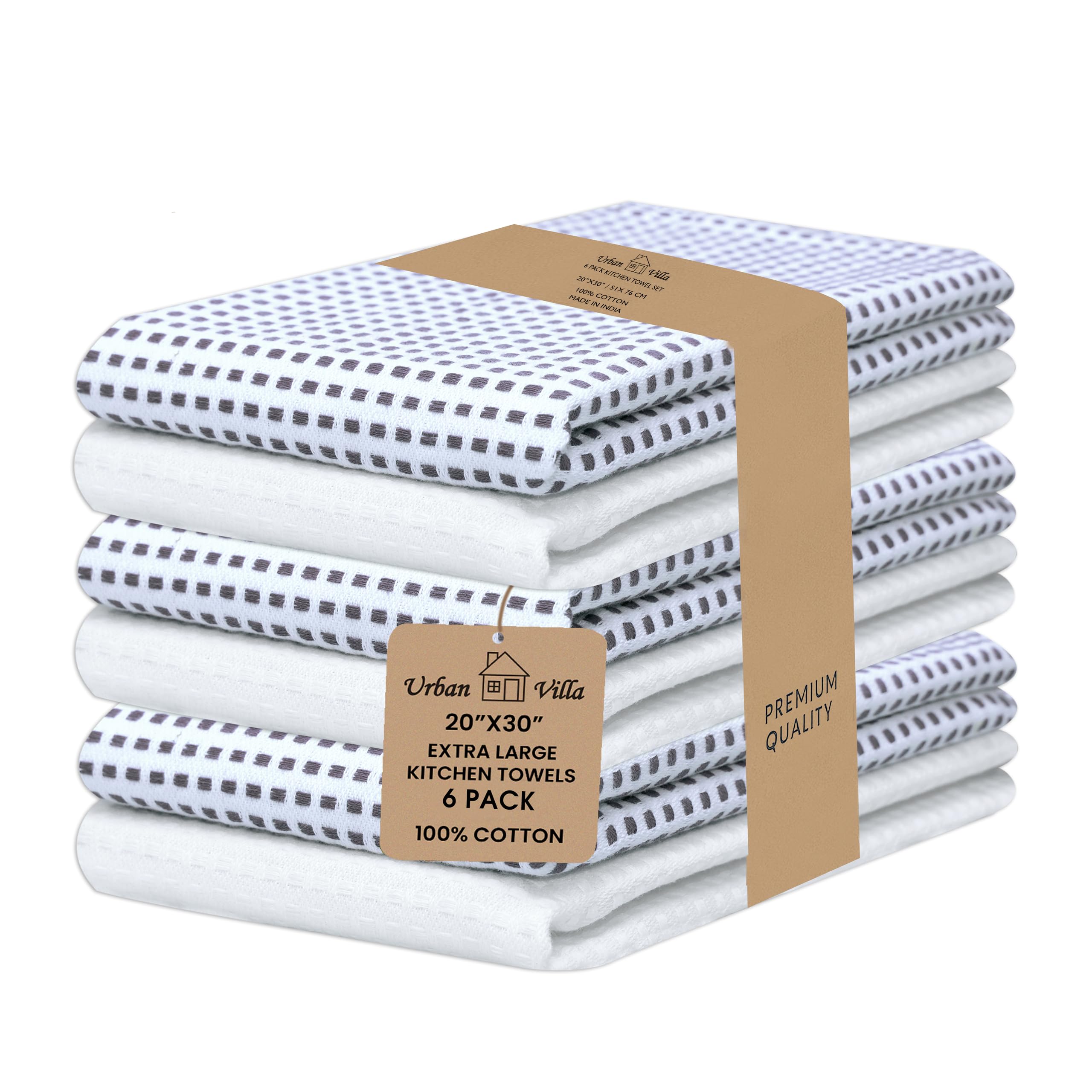 Urban Villa Kitchen Towels 100% Cotton Dish Towels for Kitchen (Set of 6) 20”x30” Dish Cloths Highly Absorbent Kitchen Linen Set with Hanging Loop Perfect for Drying Dishes Cleaning Towels-Blue White