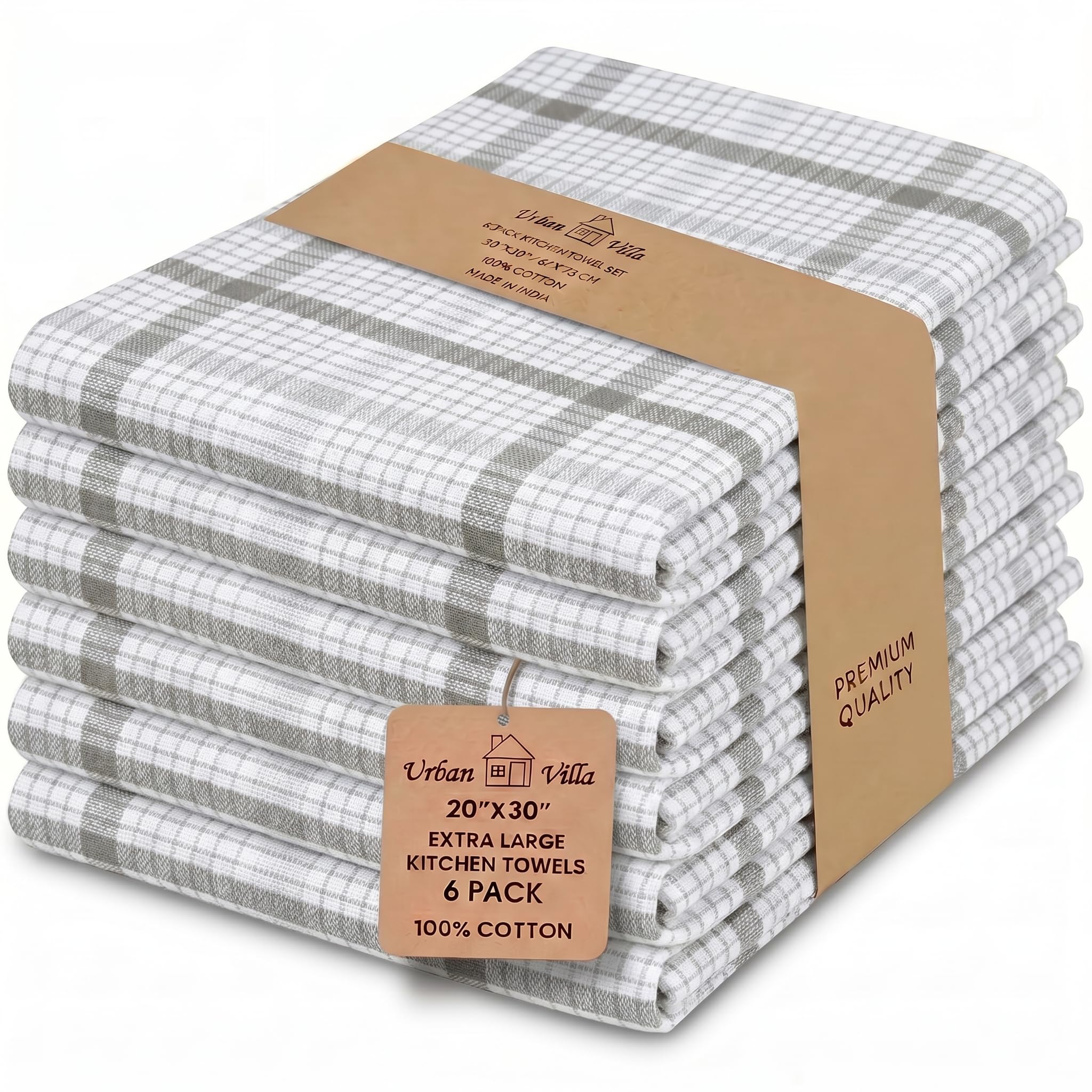 Urban Villa Kitchen Towels 100% Cotton Dish Towels for Kitchen (Set of 6) 20”x30” Dish Cloths Highly Absorbent Kitchen Linen Set with Hanging Loop Perfect for Drying Dishes Cleaning Towels-Blue White