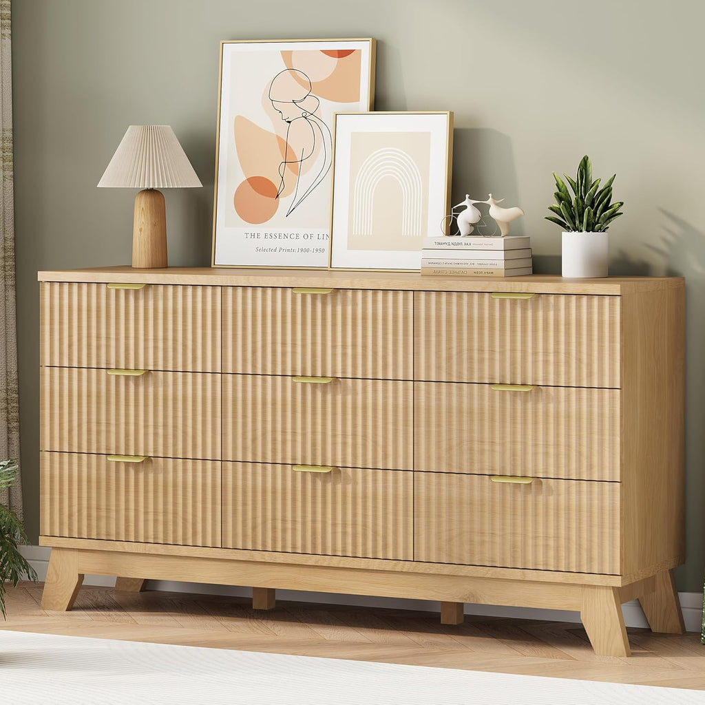 9-Drawer Fluted Dresser, 57" Wide Natural Oak Storage Chest with Metal Handles