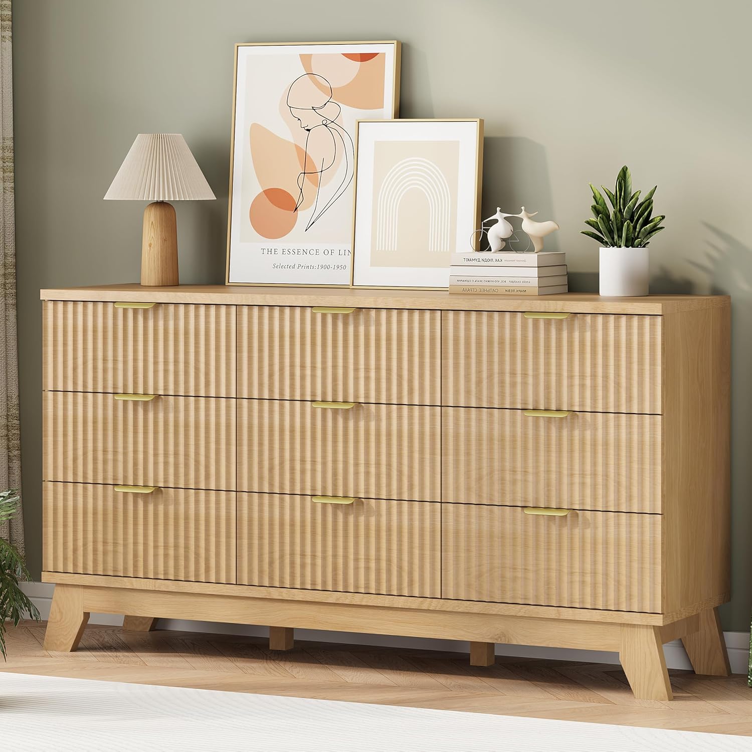 9-Drawer Fluted Dresser, 57" Wide Natural Oak Storage Chest with Metal Handles