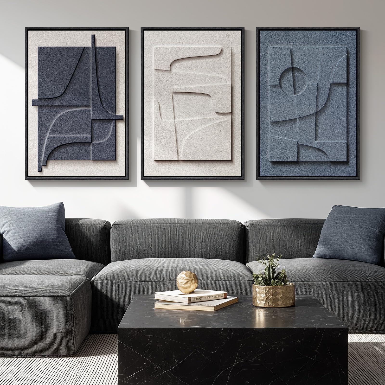 Framed Abstract 3D Textured Wall Art for Living Room, 3 Piece Modern Neutral Artwork for Walls, Brown White Geometric Sandstone Textured Painting for Bedroom, Home Office Decor-Total Size 30x60 Inch
