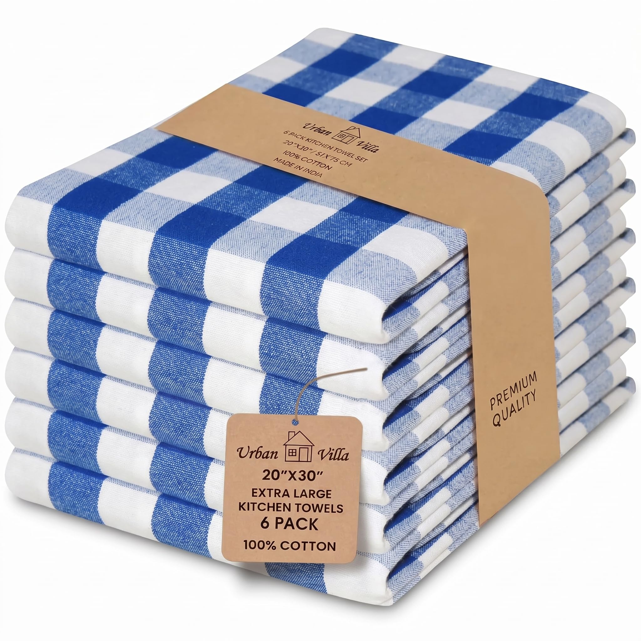 Urban Villa Kitchen Towels 100% Cotton Dish Towels for Kitchen (Set of 6) 20”x30” Dish Cloths Highly Absorbent Kitchen Linen Set with Hanging Loop Perfect for Drying Dishes Cleaning Towels-Blue White