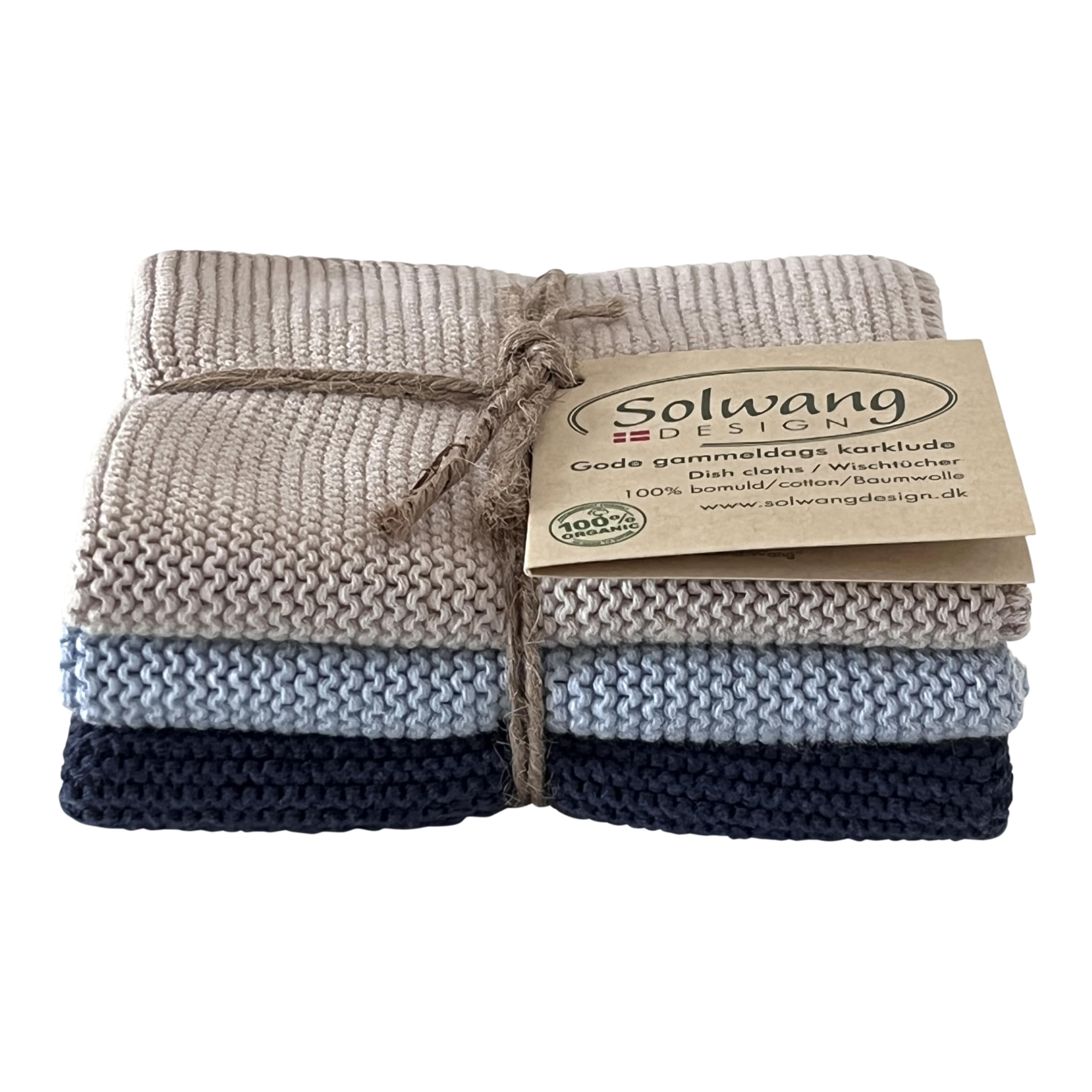 Solwang 3-Piece Danish Cotton Dishcloths in 100% Certified Organic Cotton Made in India (Rustic Blue Organic Combi)