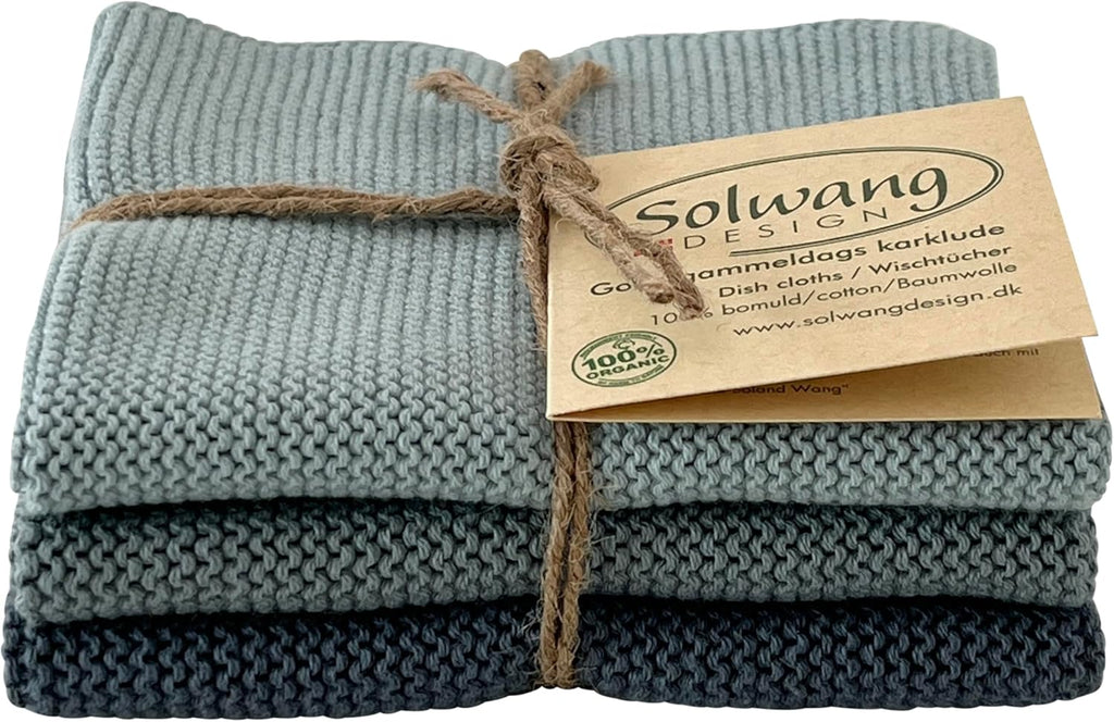 Solwang 3-Piece Danish Cotton Dishcloths in 100% Certified Organic Cotton Made in India (Rustic Blue Organic Combi)