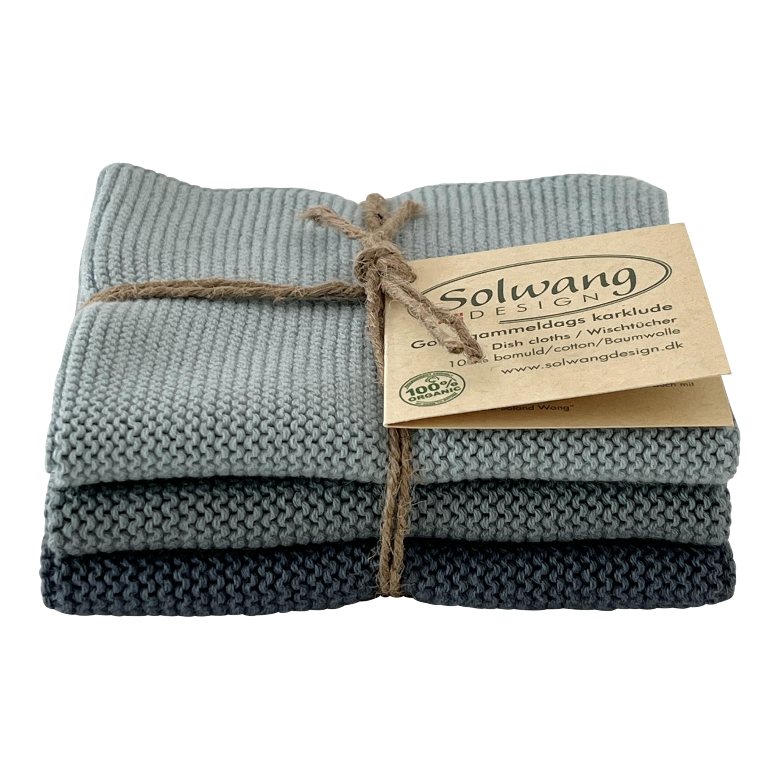Solwang 3-Piece Danish Cotton Dishcloths in 100% Certified Organic Cotton Made in India (Rustic Blue Organic Combi)