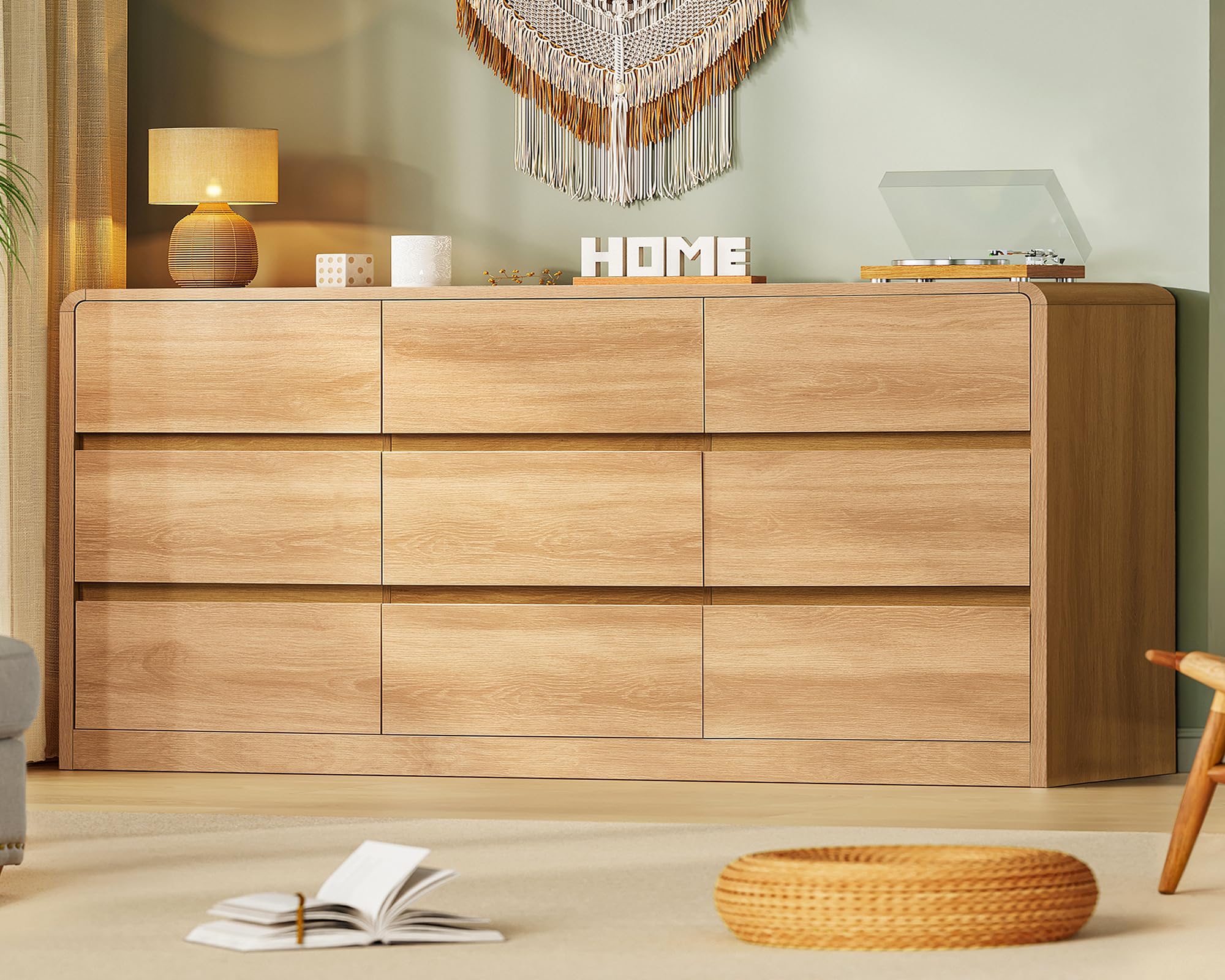 TEENFON 55" Dresser for Bedroom with 6 Drawers, Dressers & Chests of Drawers with Curved Profile Design, 6 Drawer Dresser, Bedroom Dressers, Wood Dressers for Bedroom, Hallway, Natural