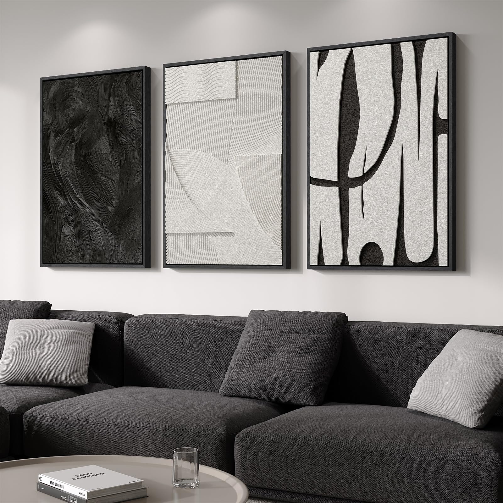 Large 3D Textured Framed Neutral Abstract Wall Art for Living Room, 3 Piece Modern Artwork for Walls, Minimalist White and Brown Geometric Wall Paintings for Hallway, Stair, Office Wall Decor 24x36 In