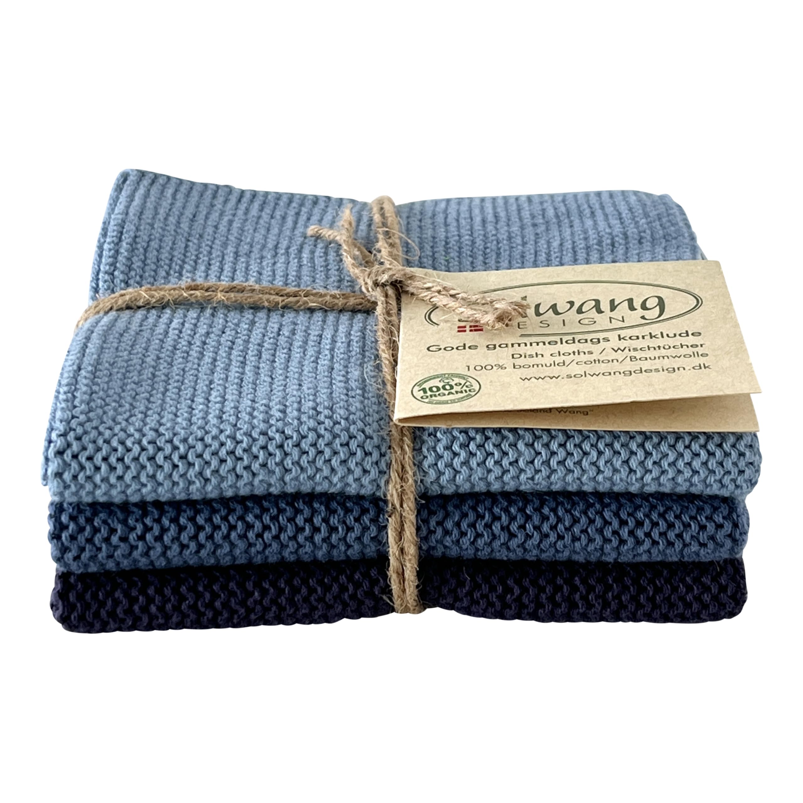 Solwang 3-Piece Danish Cotton Dishcloths in 100% Certified Organic Cotton Made in India (Rustic Blue Organic Combi)