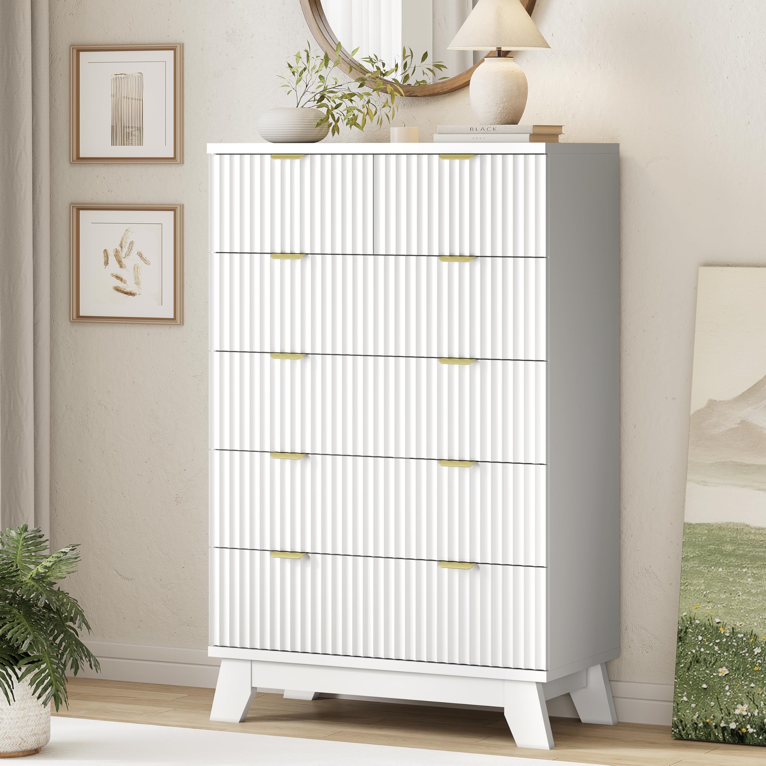 9-Drawer Fluted Dresser, 57" Wide Natural Oak Storage Chest with Metal Handles