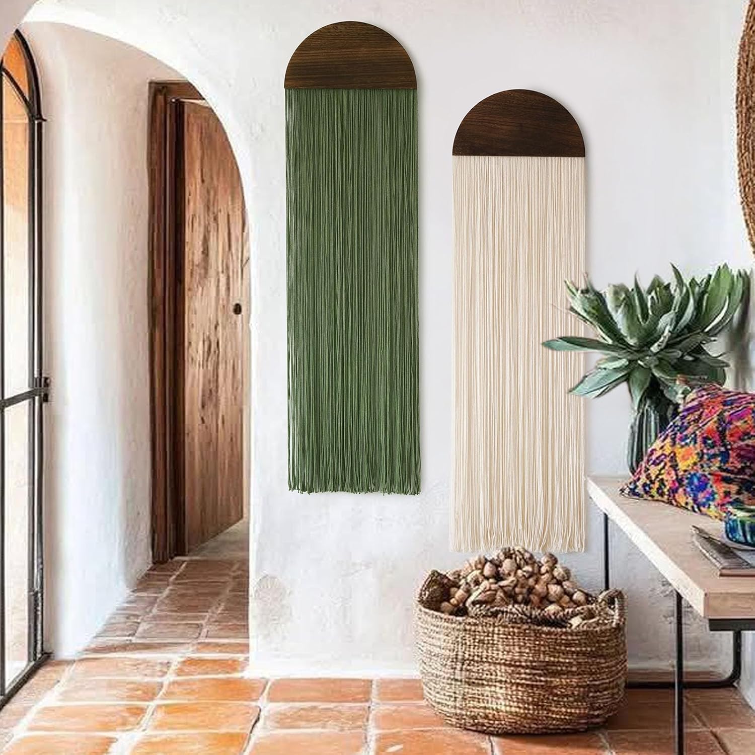2Pcs Boho Macrame Wall Hanging Tapestry with Round Tassel