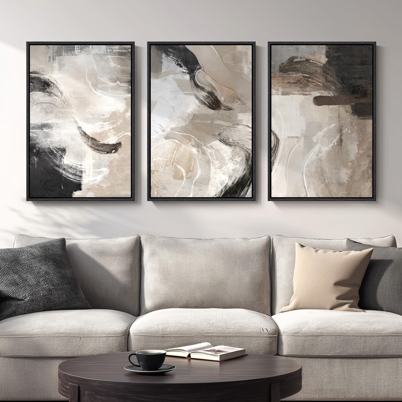 Large Framed Neutral Abstract Wall Art for Living Room, 3 Piece Modern Canvas Prints Paintings Artwork for Walls, Black and Beige Pictures for Living Room Hallway Stair Office Wall Decor 24x36 Inch