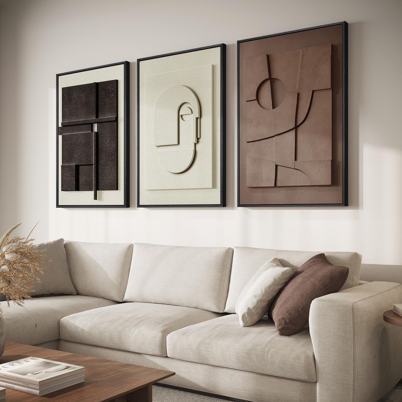 Large 3D Textured Framed Neutral Abstract Wall Art for Living Room, 3 Piece Modern Artwork for Walls, Minimalist White and Brown Geometric Wall Paintings for Hallway, Stair, Office Wall Decor 24x36 In
