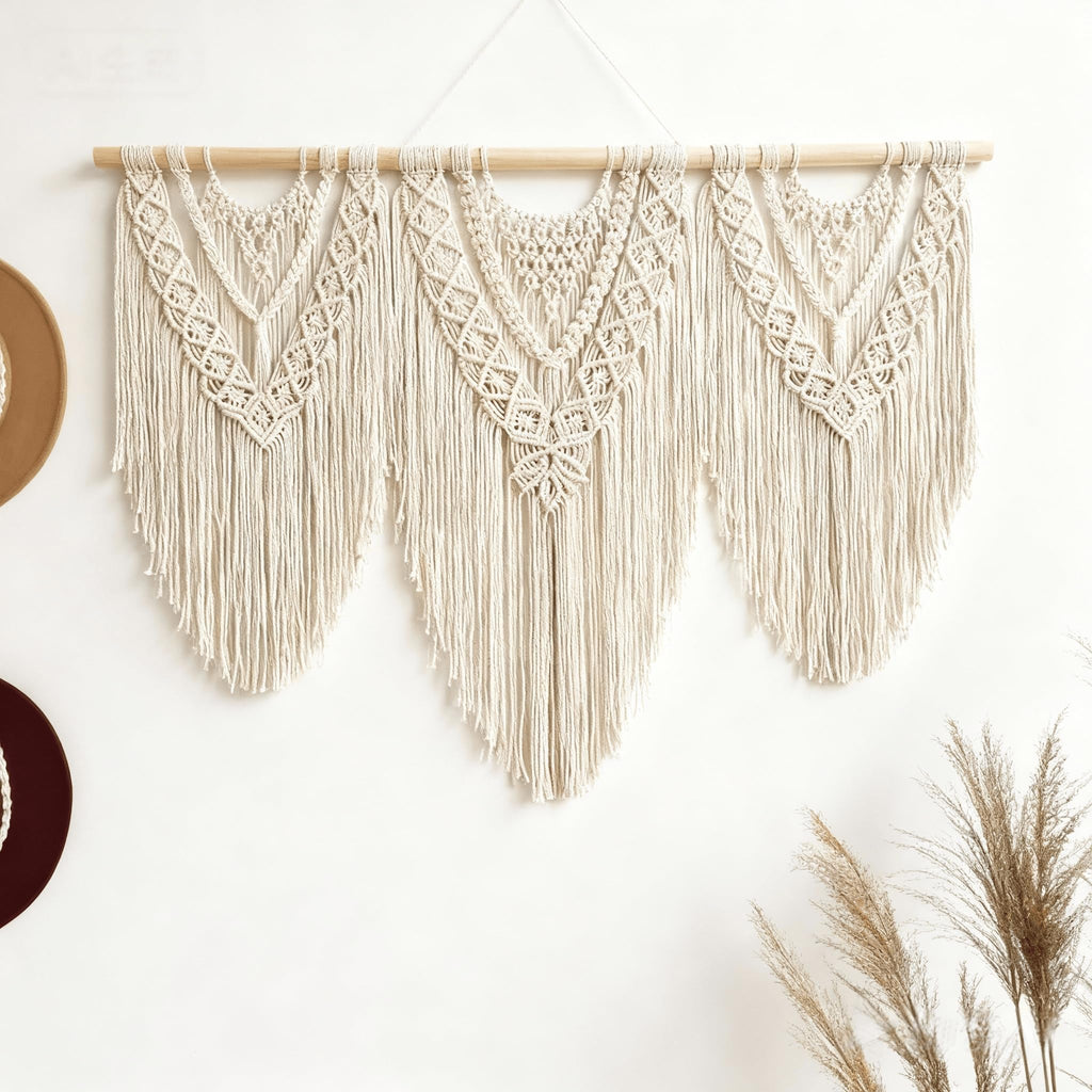 oiikain Large Handmade Boho Macrame Wall Hanging Tapestry - Chic Bohemian Woven Home Decor art for Living Room, Bedroom, and Wedding Parties (Beige, twelve rhombus)