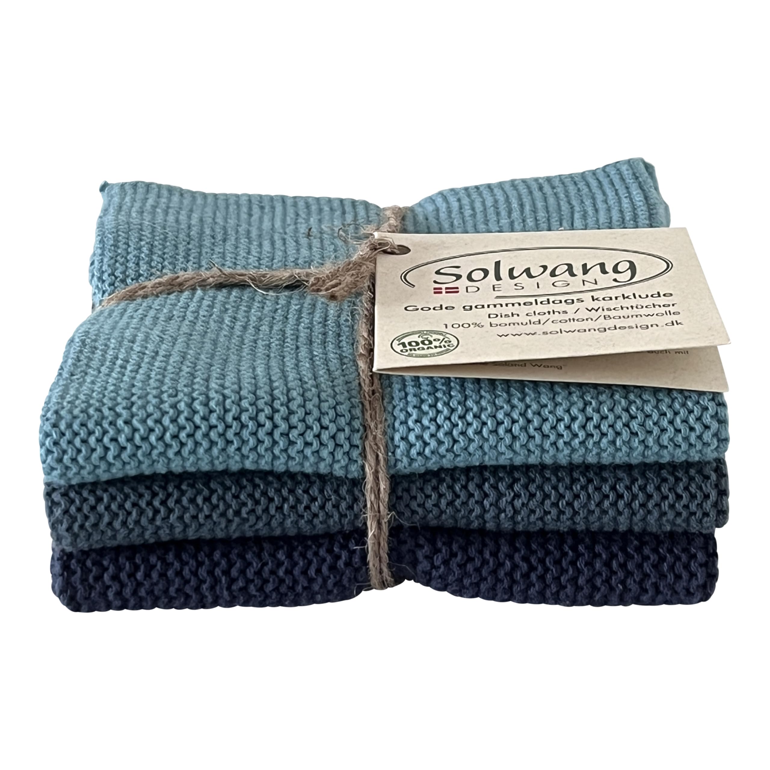 Solwang 3-Piece Danish Cotton Dishcloths in 100% Certified Organic Cotton Made in India (Rustic Blue Organic Combi)