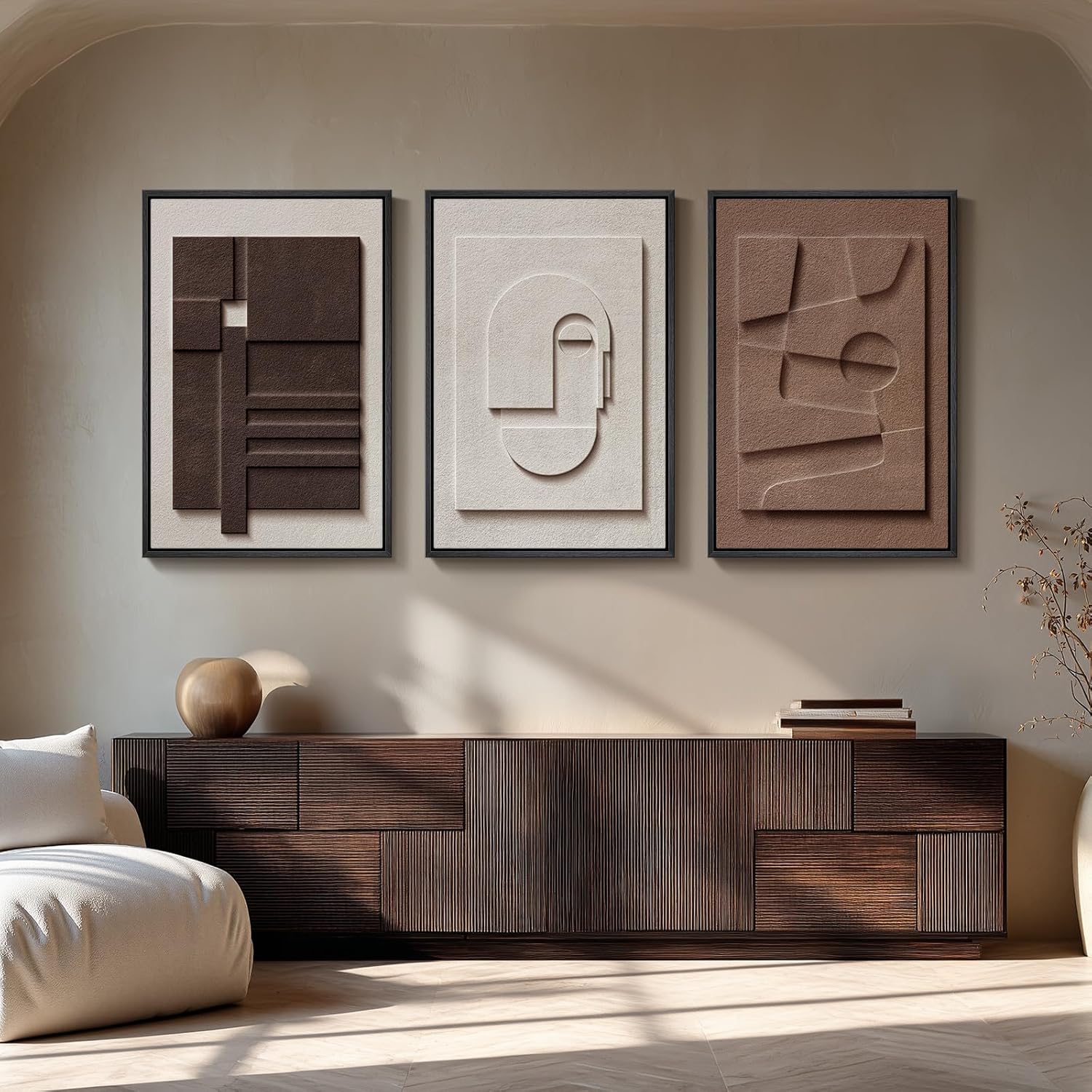 Large 3D Textured Framed Neutral Abstract Wall Art for Living Room, 3 Piece Modern Artwork for Walls, Minimalist White and Brown Geometric Wall Paintings for Hallway, Stair, Office Wall Decor 24x36 In
