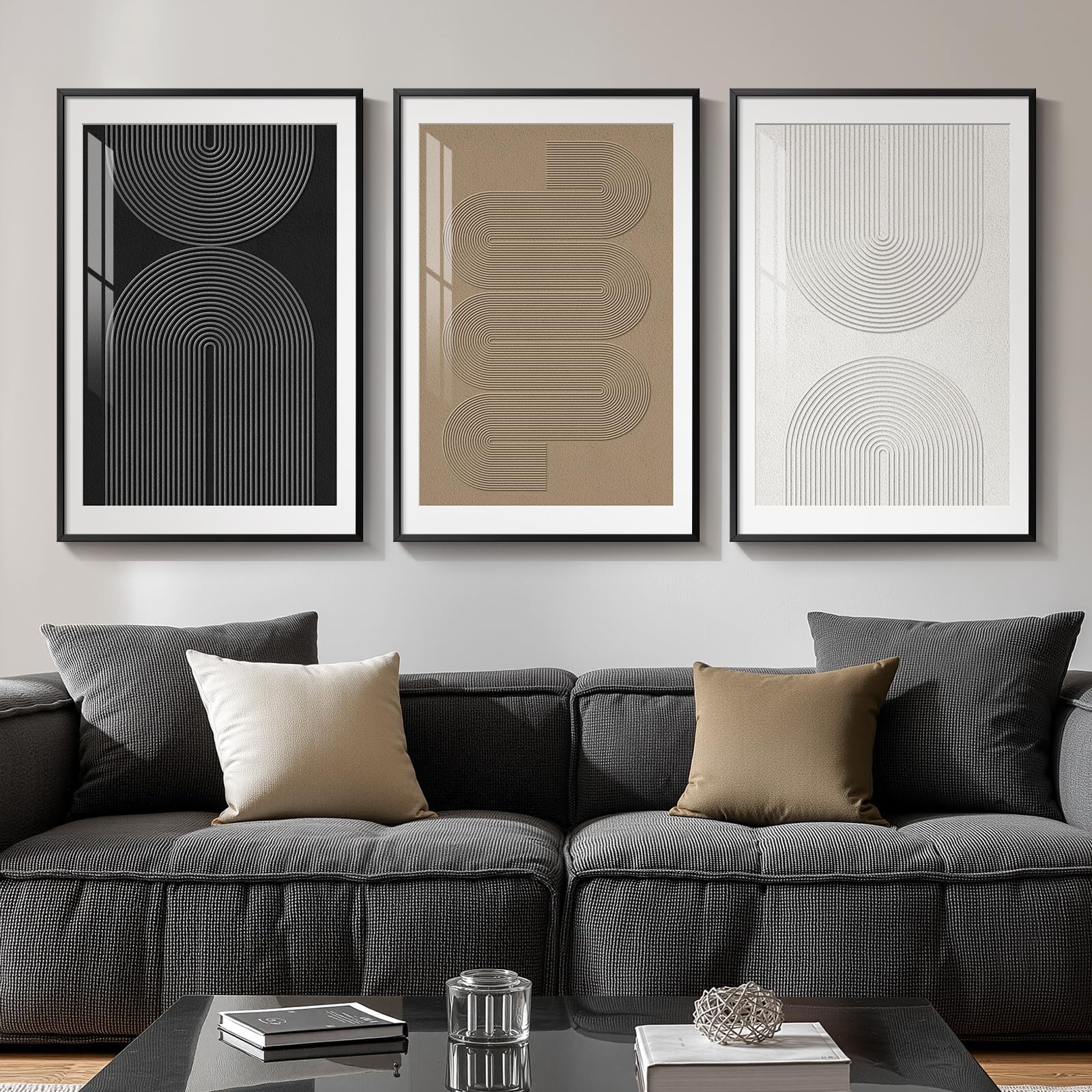 Framed Black and White Abstract Wall Art, 3 Piece Modern Canvas Prints Paintings Art for Walls, Minimalist Black White Abstract Pictures for Living Room Bedroom Dining Room Office Wall Decor 16x24 In