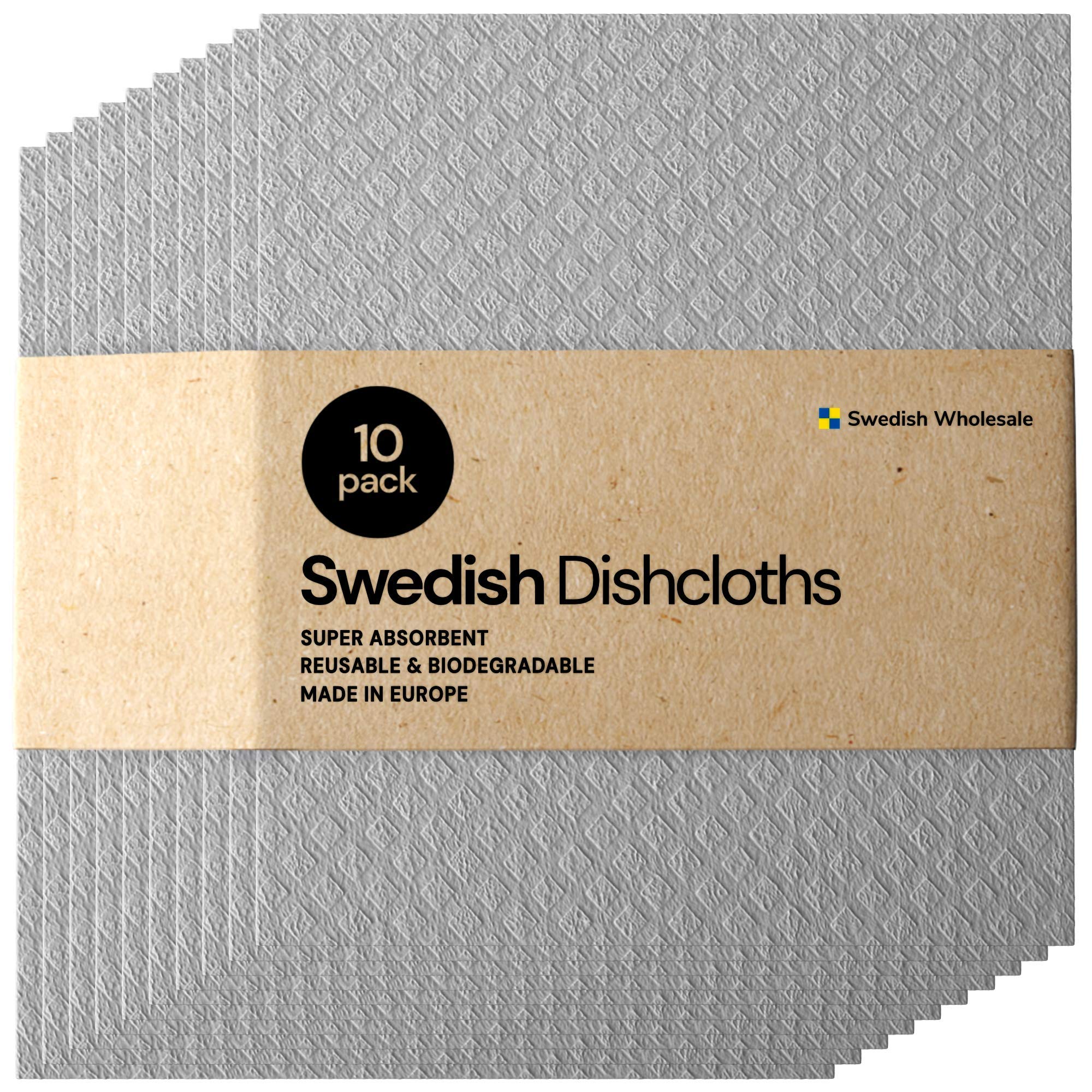 Swedish Wholesale Dishcloths Reusable 8" x 7" Sponge Cloths, Bulk 10 Pack of High Absorbent Cellulose Dish & Kitchen Cleaning Hand Towels, Wring to Dry & Machine Wash, Odor Resistant, White